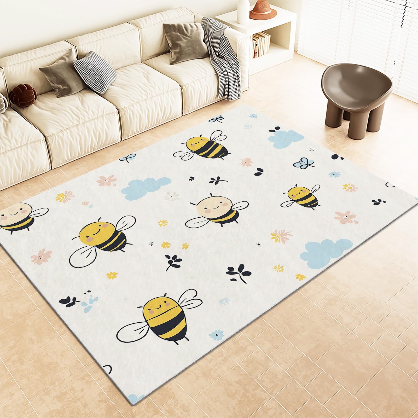 Superweicher Teppich Kinderzimmer 80x150cm Cartoon-Bienenwolke Antirutsch Rechteck Beige Wohnzimmer Schlafzimmer Balkon Bodenmatte