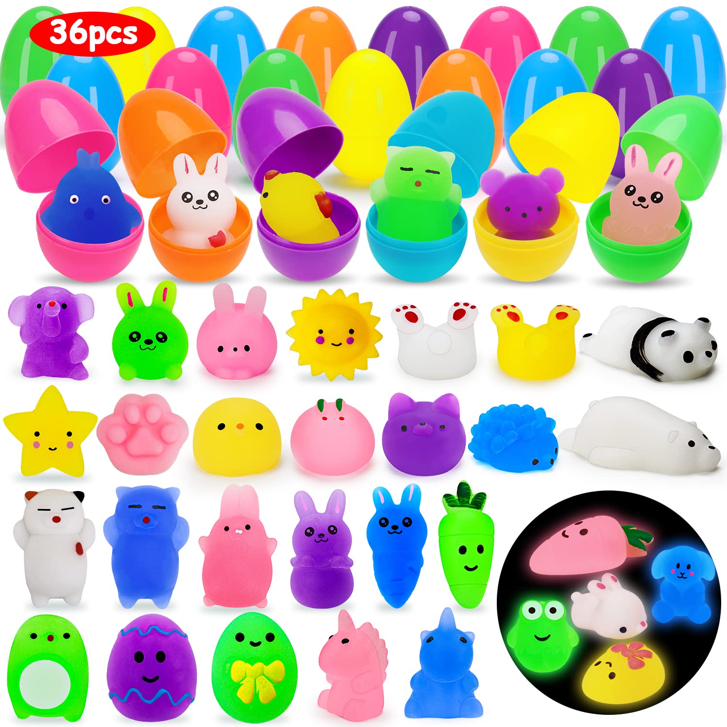 36 Pack Easter Eggs With Mochi Squishy Toys, Plastic Easter Eggs Filler Easter Gifts For Kids Easter Basket Stuffers Easter Egg Hunt Easter Classroom Prizes Easter Party Favors