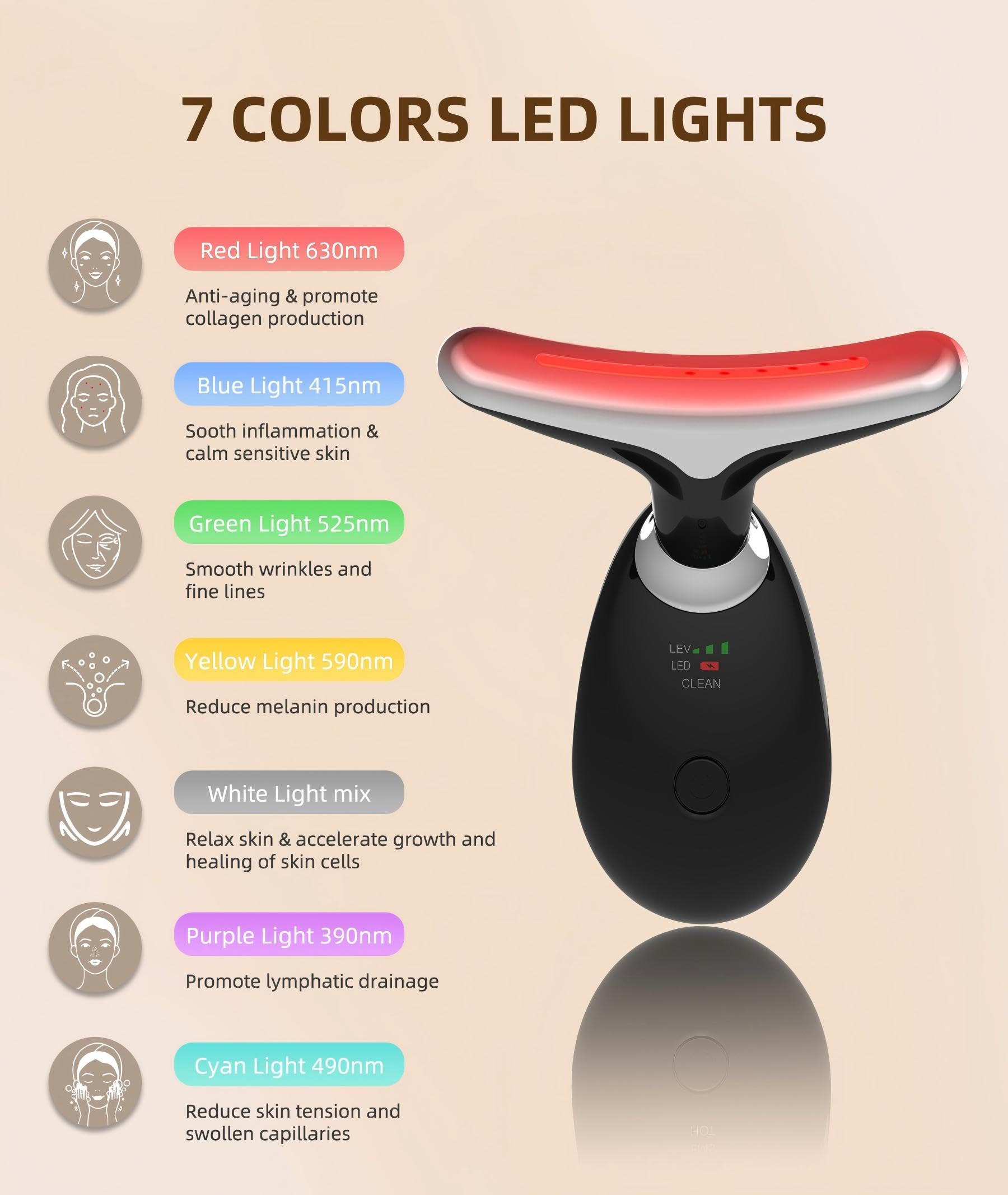 Red-Light-Therapy-for-Face and Neck, 7 Color Light Based Facial Massager, Portable Skin Care Tool (Black)