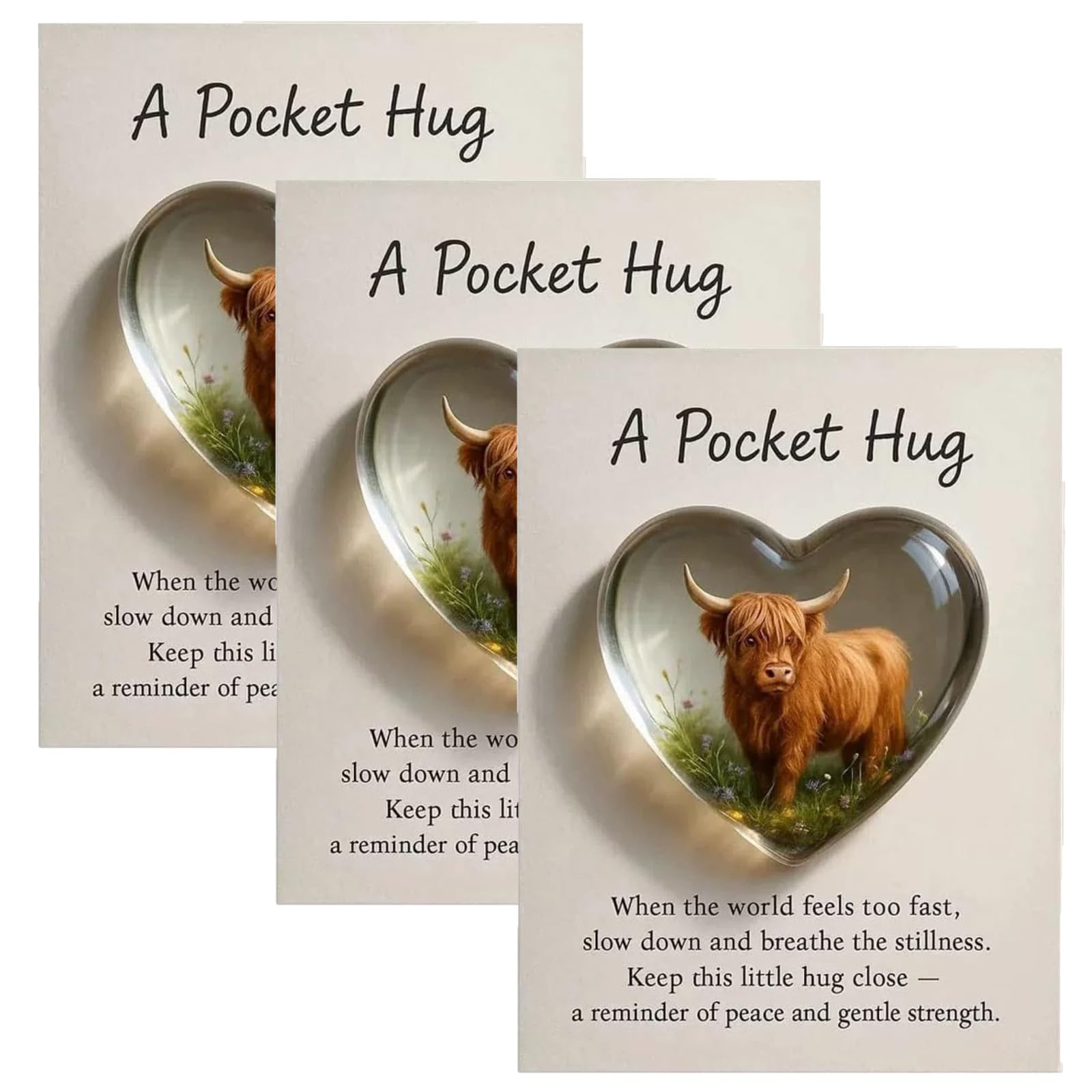A Pocket Hug Highland Cow, Heart Highland Cow Pocket Hug Token, With Inspirational Card, Rustic Emotional Support Gifts, for Friend, Family, Student Encouragement (3PCS)