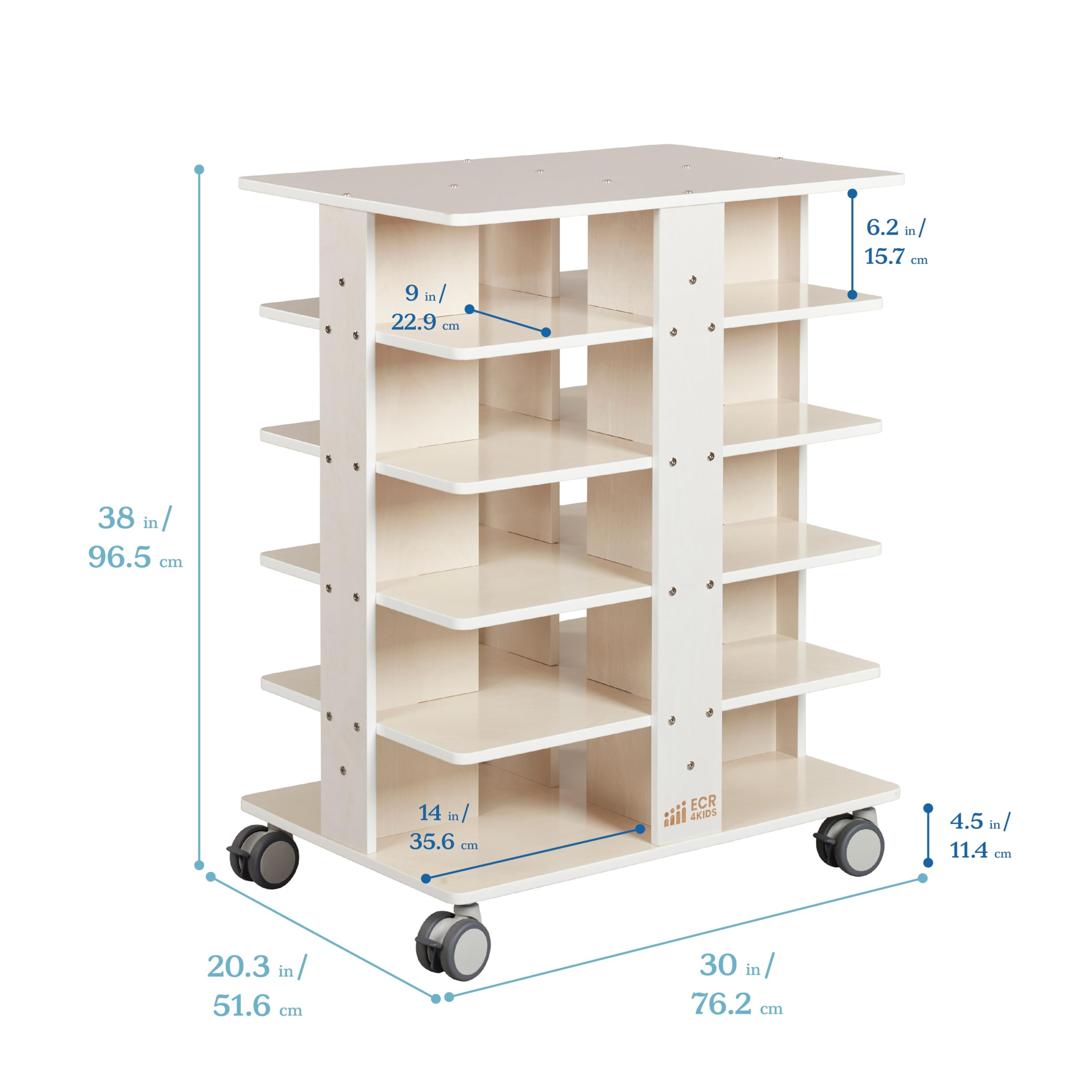 ECR4Kids 20-Compartment Mobile Storage Tower, 5x4, Classroom Furniture, White Wash