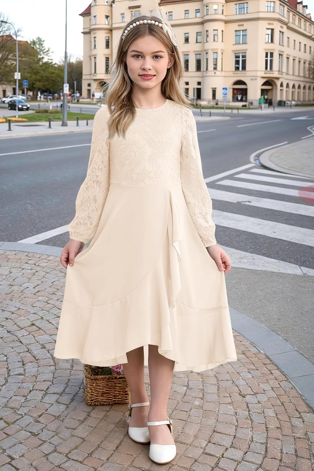 HOSIKA Flower Girls Dress Long Sleeve Floral Lace Chiffon A Line Formal Fall Wedding Party Dresses for 6-12 Years