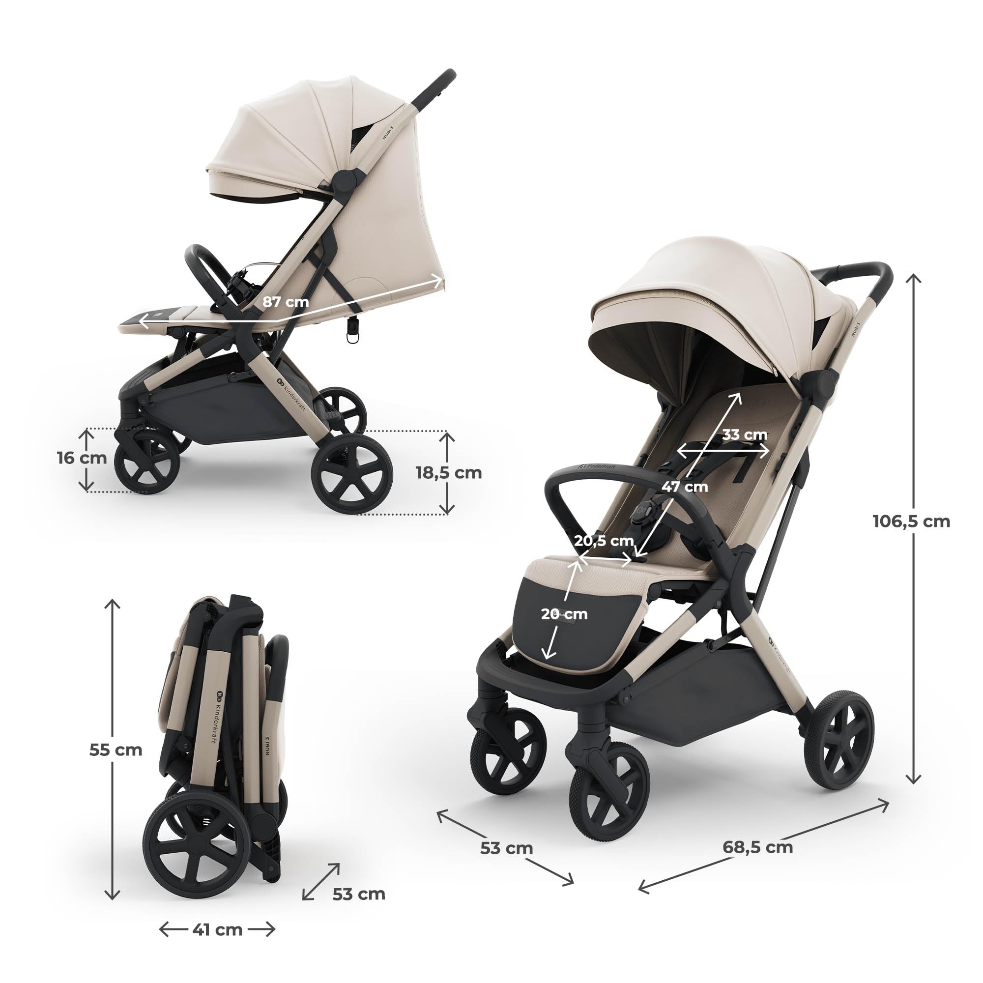 Kinderkraft NUBI 3 Poussette jusqu'à 22 kg, poussette, avec pliage automatique, capote imperméable, filtre UPF 50+, poids léger 8,7 kg, position allongée, harnais de sécurité 5 points, beige