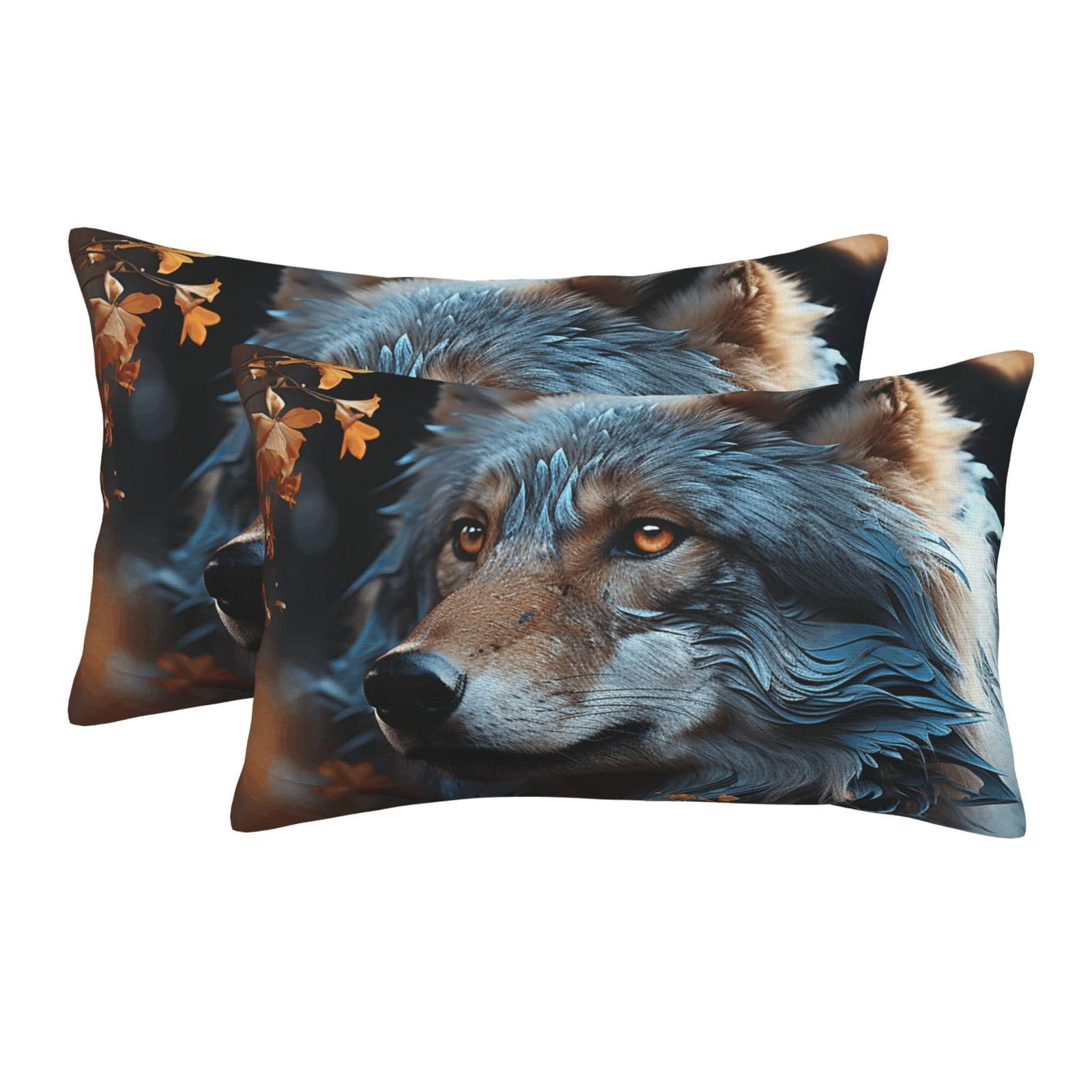 2 Pack Standard Size Pillow Cases for Hair and Skin Soft Breathable Pillow Case Covers with Hidden Zipper Autumn Leaves and a Wolf Pillowcase 16"x24" Pillow Cover for Sleeping Gift