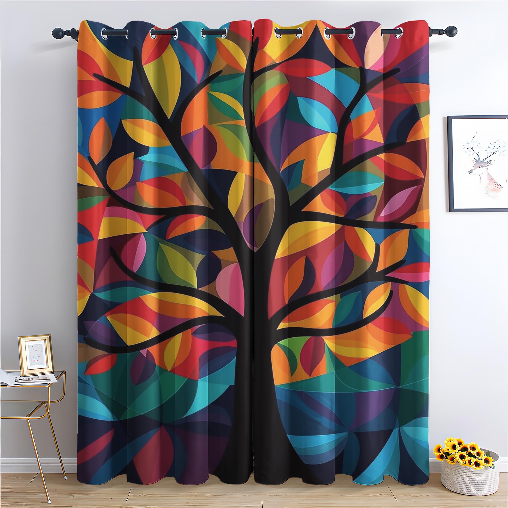 Zcwl Colorful Tree Curtains For Bedroom Living Room, Tree Of Life Patterned Blackout Curtains, Thermal Insulated Eyelet Curtain, 90 Drop Window Treatments Drapes, 66X90 Inch (W X L), 2 Panels