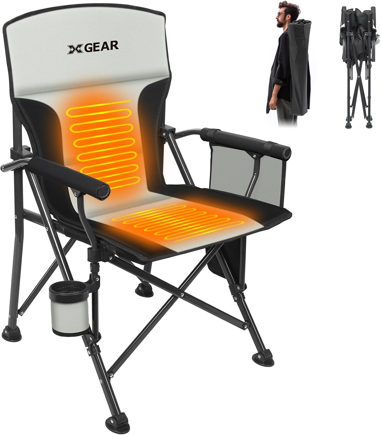 XGEAR Heated Camping Chair for Adults, 3 Heat Levels, Heated Back and Seat, Fully Padded Heated Camp Chair for Outdoor, Battery Not Included(Black/Silver) Black/Grey