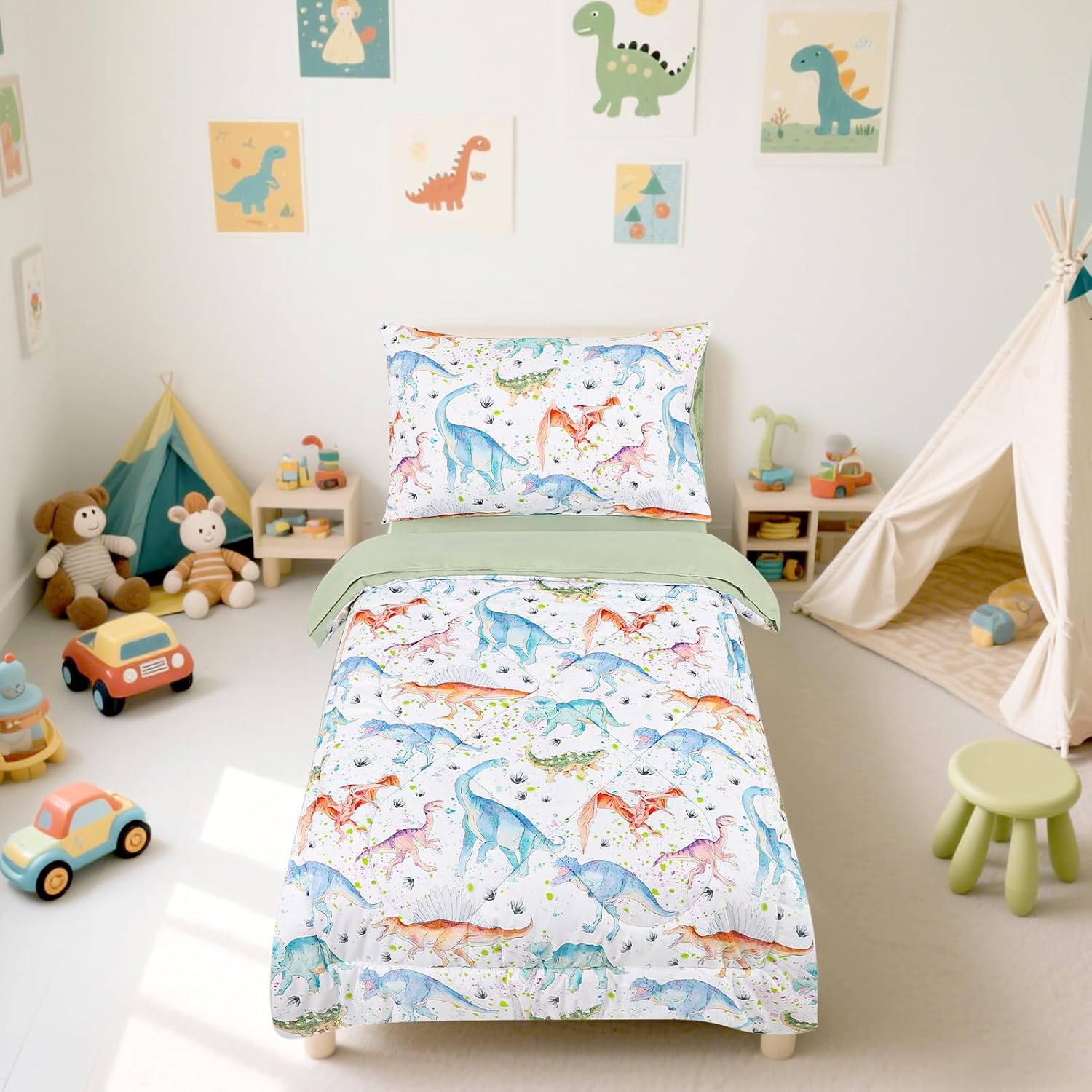 GFU 4 Piece Toddler Bedding Set, Ultra Soft and Breathable Toddler Comforter Sets for Goys Includes Quilted Comforter, Fitted Sheet, Flat Sheet and Pillowcase, Colorful Dinosaur