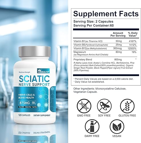 Miniatura 4 de Suplemento de apoyo para el nervio ciático, 120 cápsulas para salvador de nervios para neuropatía, fórmula premium con botánica natural y complejo