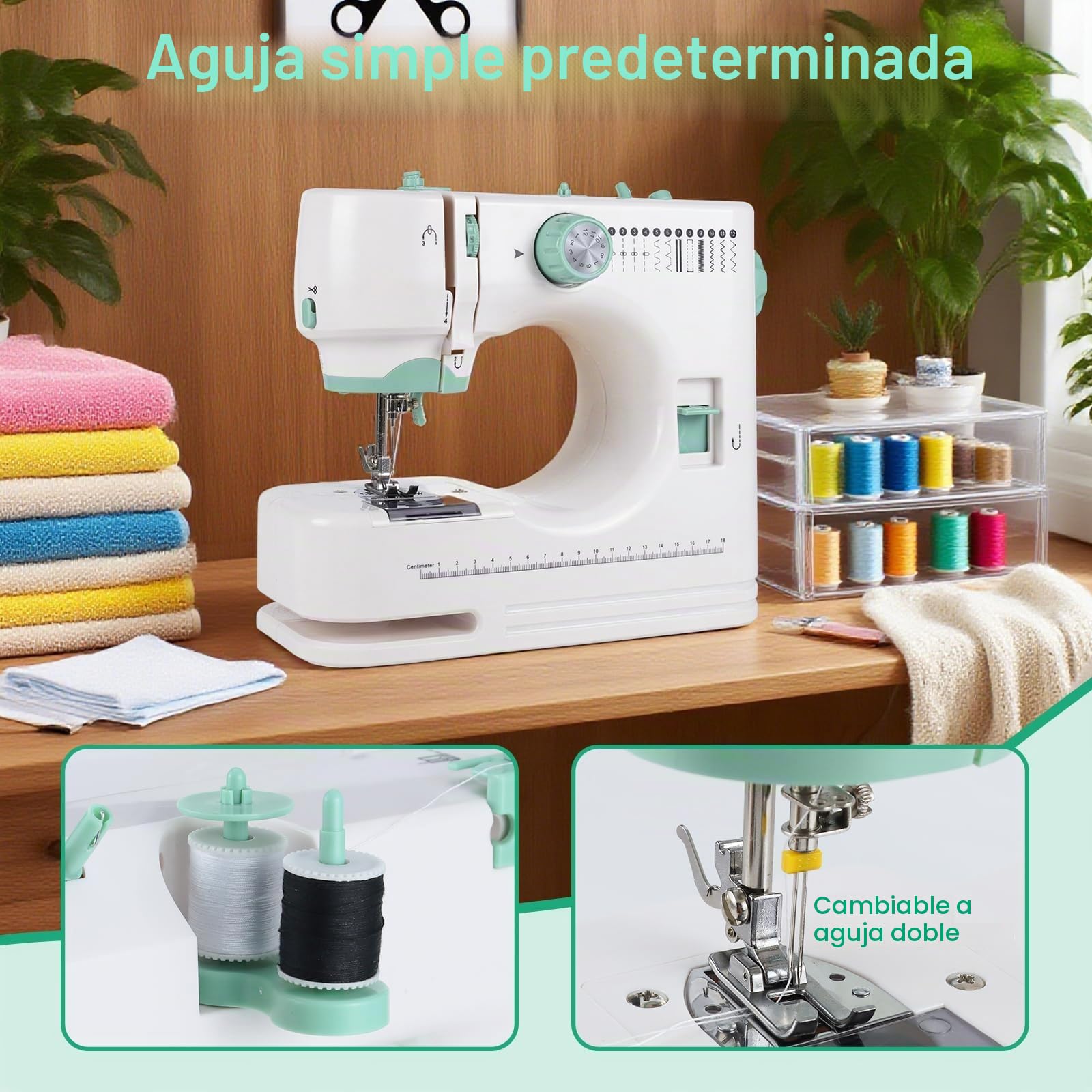 Máquina de Coser Eléctrica Portátil con Prensatelas de Doble Intercambiable | 12 Patrones + Control Velocidad, 20 Telas Florales (20x20 cm), Pedal y 60+ Accesorios para Principia