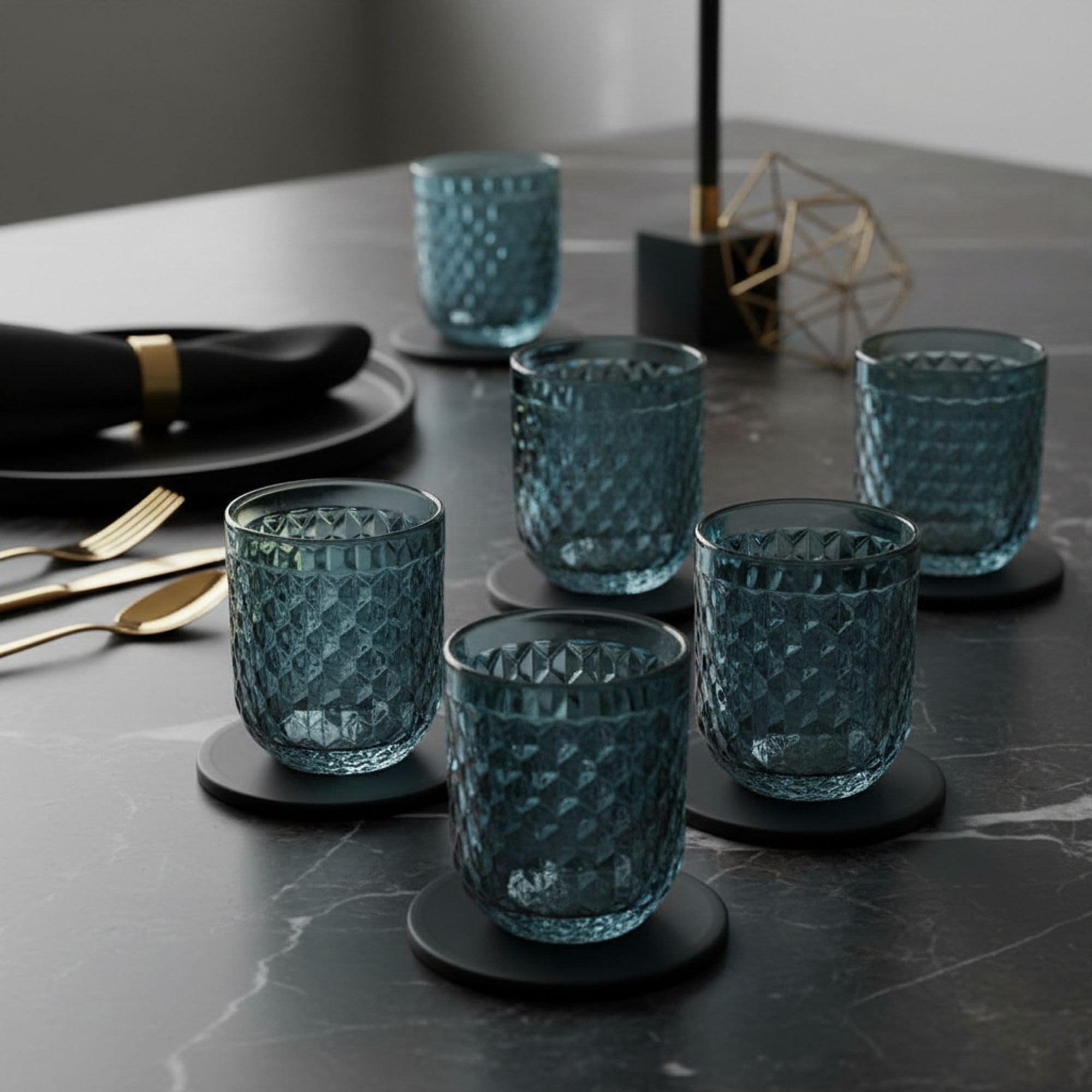 INDE SANTA CLARA | Set 6 Vasos de Cristal Agua 270cc Orbel Azul, Vasos Agua de Vidrio Relieve Azul, Aptos Lavavajillas y Microondas