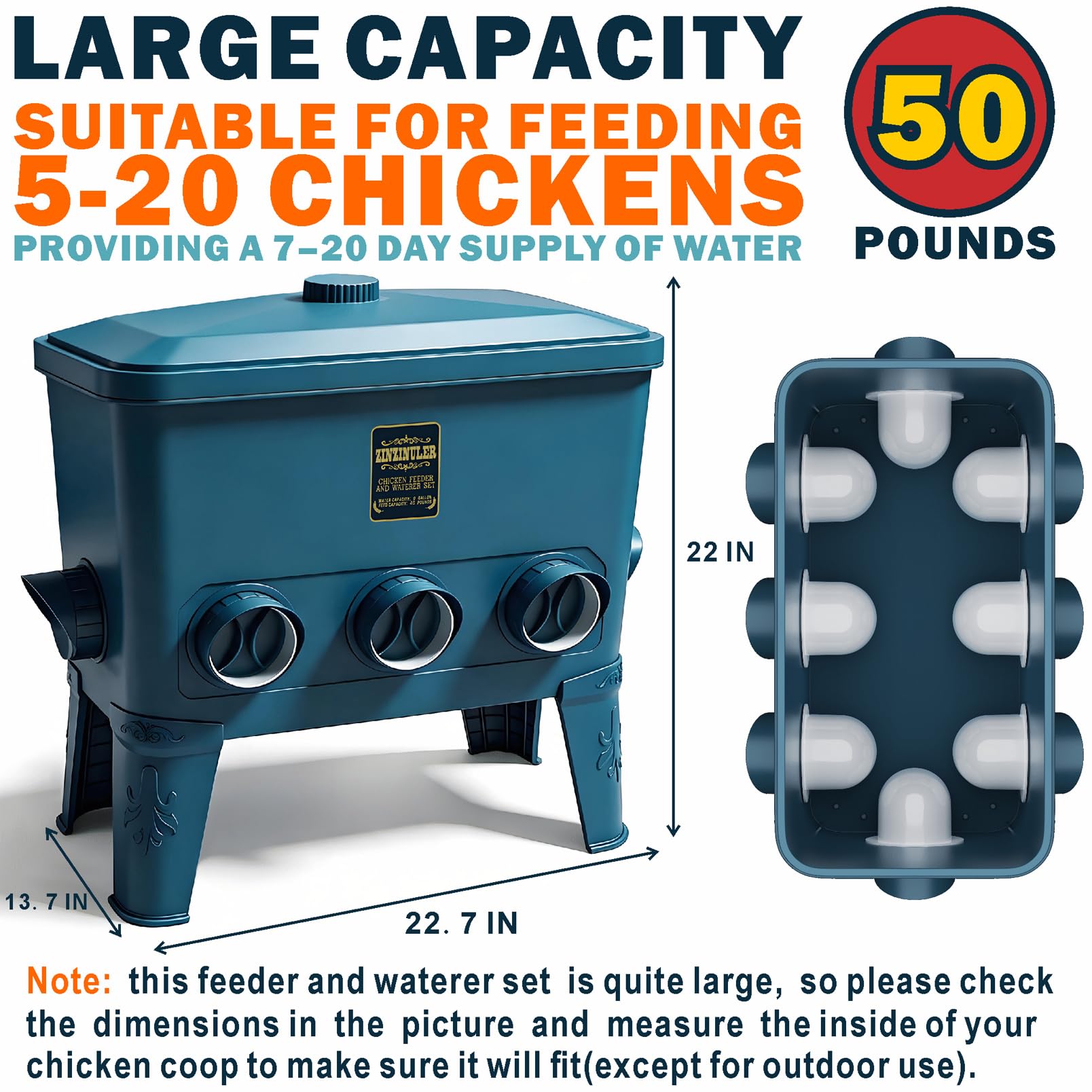 ZINZINULER Juego de comedero automático grande para pollos y bebedero de tazas, accesorios para gallineros, comedero para aves de corral sin residuos, 9 galones/50 libras (cian)