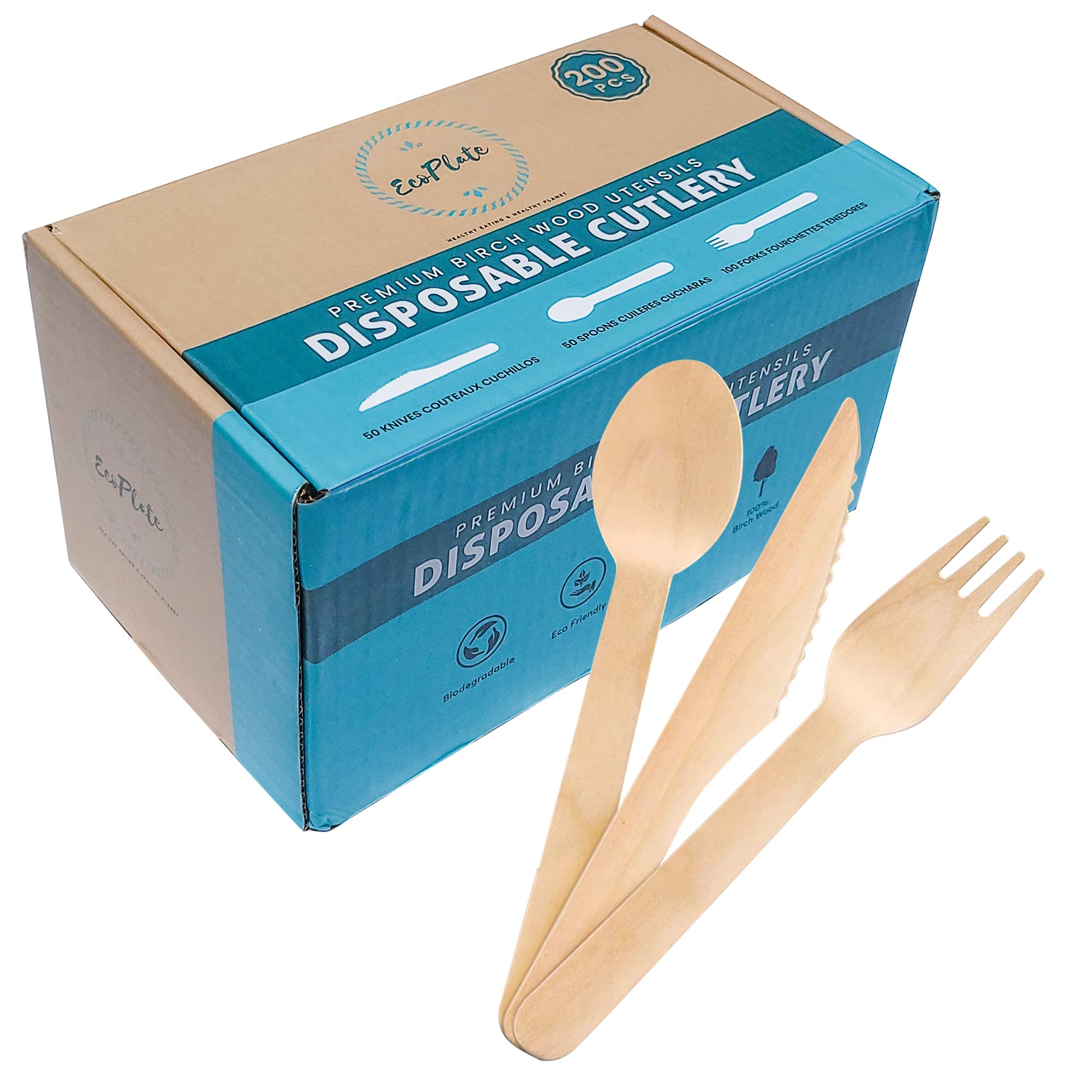 EcoPlate Disposable Wooden Cutlery Set, 100 AllNatural Birch Wood, 6