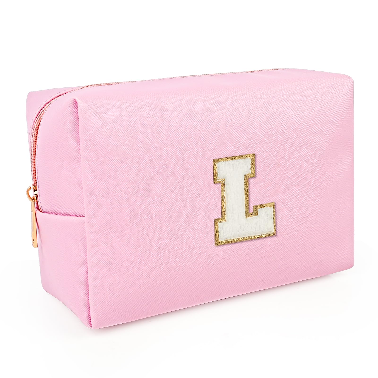 Personalized Initial Makeup Cosmetic Bag, Women Girls Gifts Preppy Stuff PU Leather Waterproof Makeup Pouch Make up Bags with Chenille Letter, Pink L