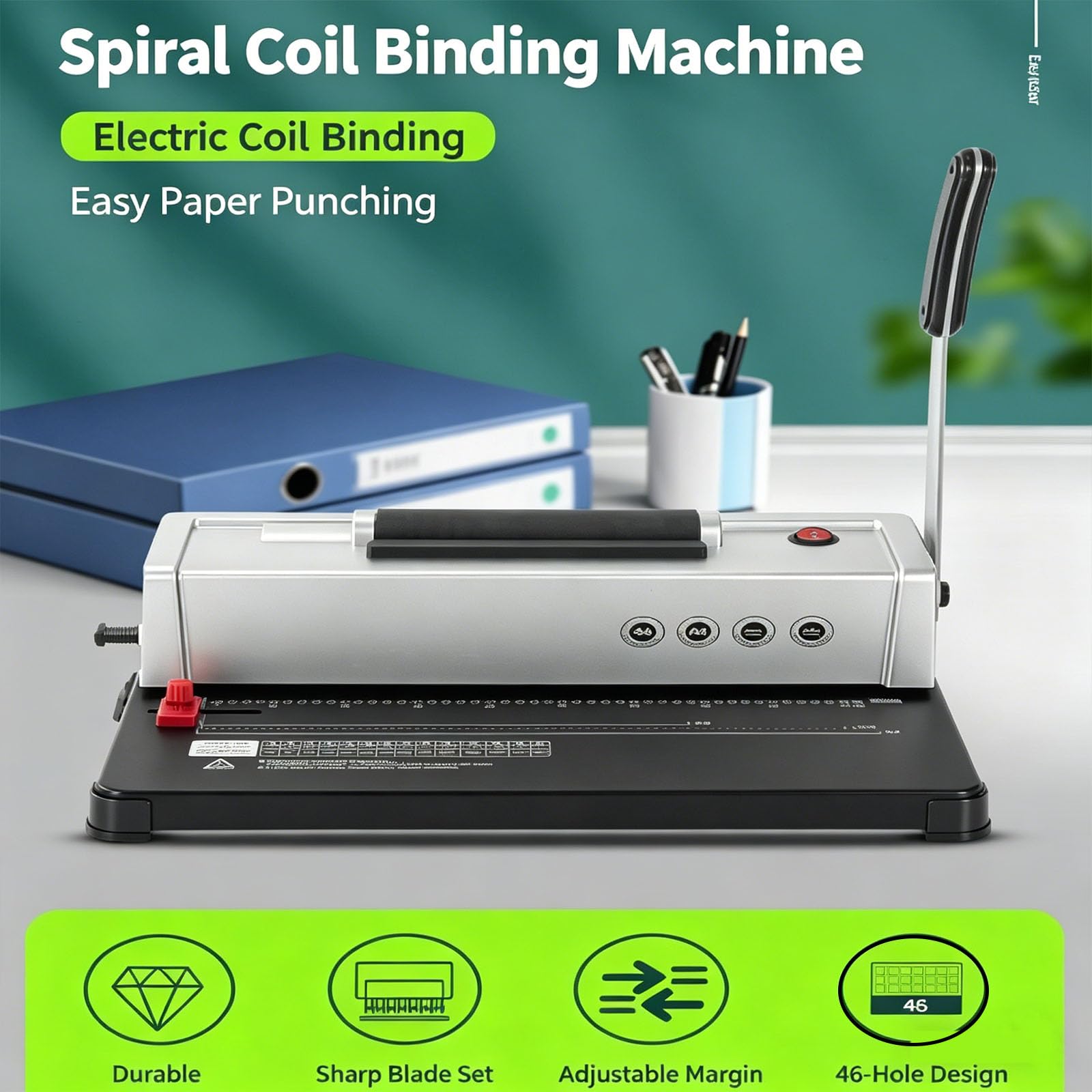 Relieuse à Spirales 46 Trous, Machine à Relier électrique, avec Insertion de Spirales électrique, capacité de Perforation de 12 Feuilles, marges latérales réglables, pour Bureau et école