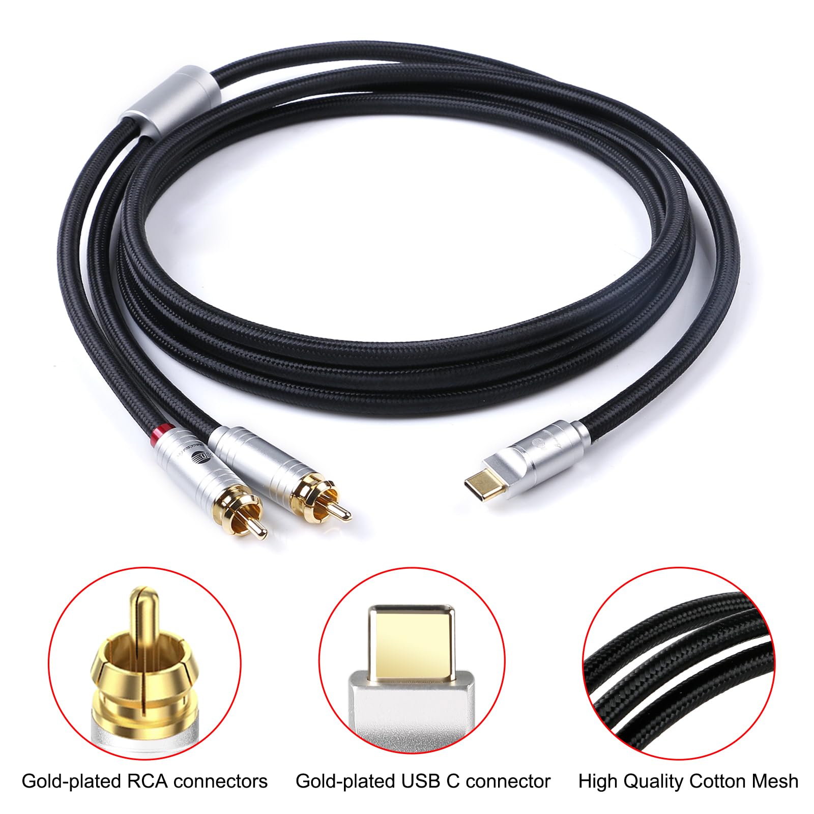 JIB Audiophile kabel audio USB C na cinch, typ C na 2 RCA, kabel adapterowy, kompatybilny z Huawei P30 50 60 Iphone 15/16 iPad Pro, MacBook, PS5, wzmacniacz kina domowego, DVD TV głośnik 1,5 m