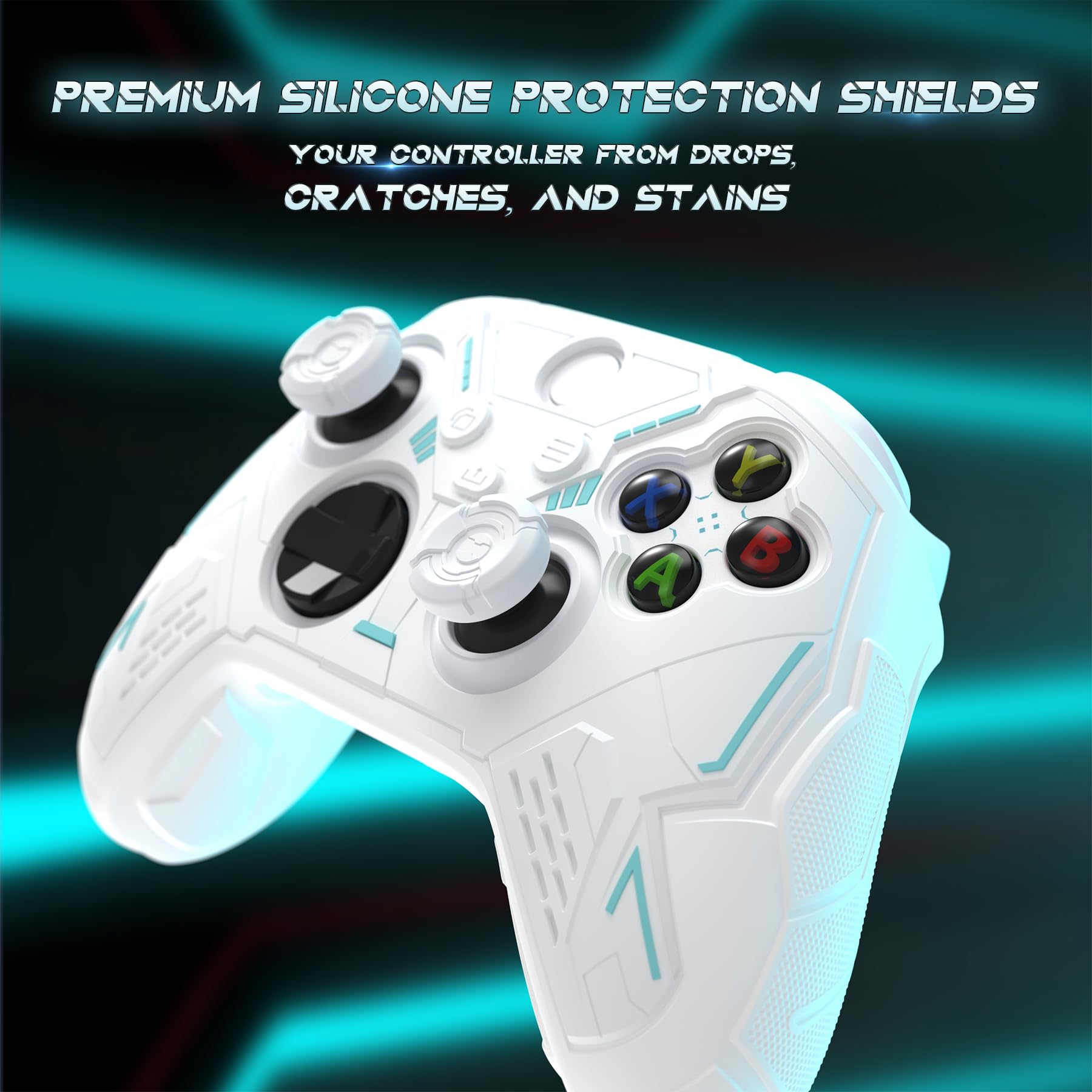 playvital Stellar Mecha Hülle für Xbox Series X/S Controller, Rutschfester Griff Schutzhülle Cover Case mit Daumenkappen & Aufklebern für Xbox Core Wireless Controller, Weiß & Frostgrau - 4