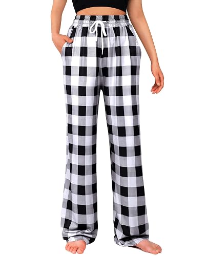 Alimens & Gentle Womens Pajama Pants Plaid Stretch Comfy Lounge Pants Drawstring Waist Sleep Bottoms with Pockets