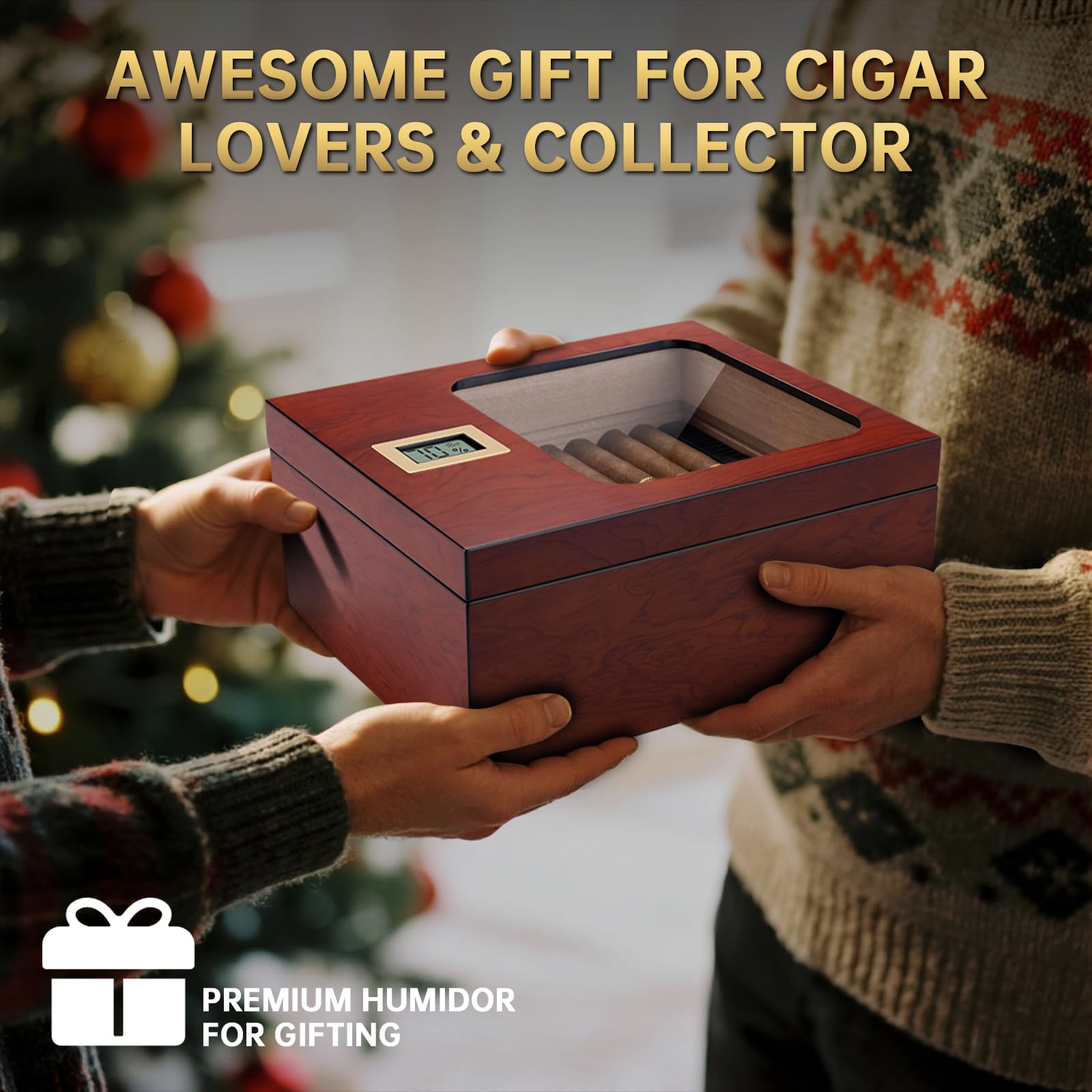 Zigarren Humidor aus Zedernholz, Zigarrenbox mit Hygrometer und Luftbefeuchter, Doppelraum Zigarrenkiste mit Regal für 45-55 Zigarren, Männer Geschenk Zigarren Zubehör (Dunkelbraun)