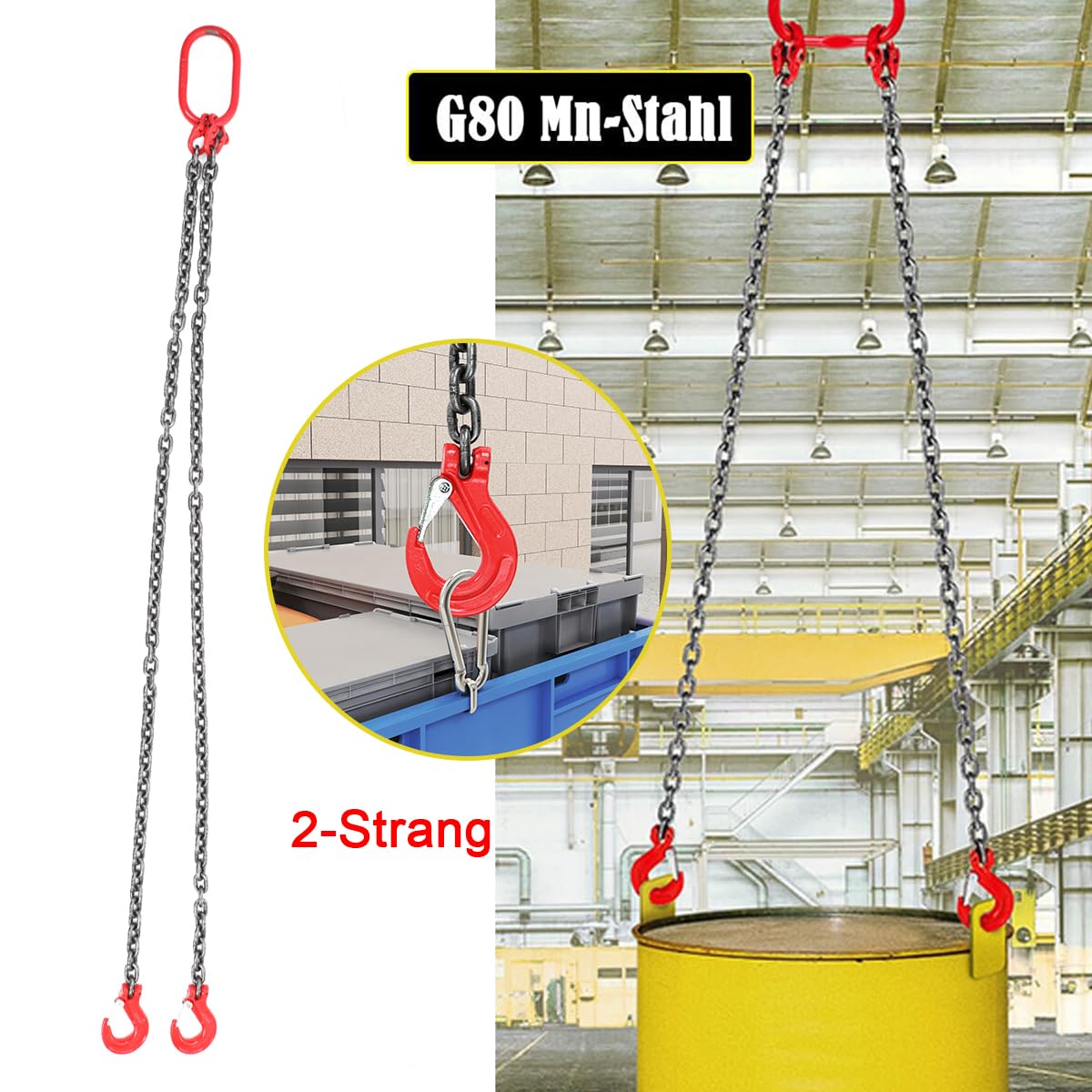 Catena di arresto per catena, 2 m, 2 fili, gancio per gru, diametro 8 mm, catena per sollevamento motore, G80, in acciaio Mn, 3T 6614LBS, catena di sollevamento ad alta resistenza, gancio per