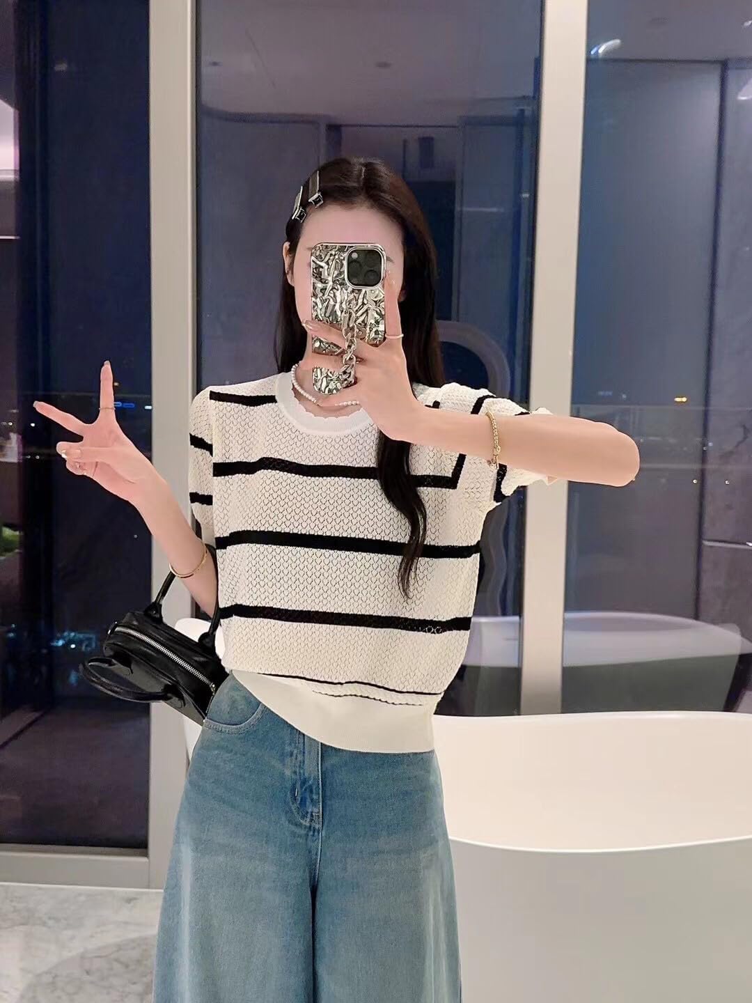ICW Women's Stretchable Knitted Ribbed Round Neck Striped Crop Top T-Shirt Dn128 (in, Alpha, S, Regular, Black) 1