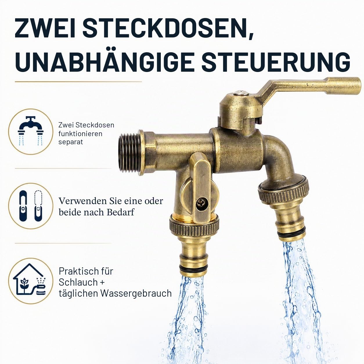Außen Doppelwasserhahn Set, Doppel Wasserhahn Garten 3/4 Zoll, Outdoor Garten Wasserhahn mit 25mm Doppelauslass wandmontiert frostsicher antiker Messing Wasser Splitter für Gartenschlauch