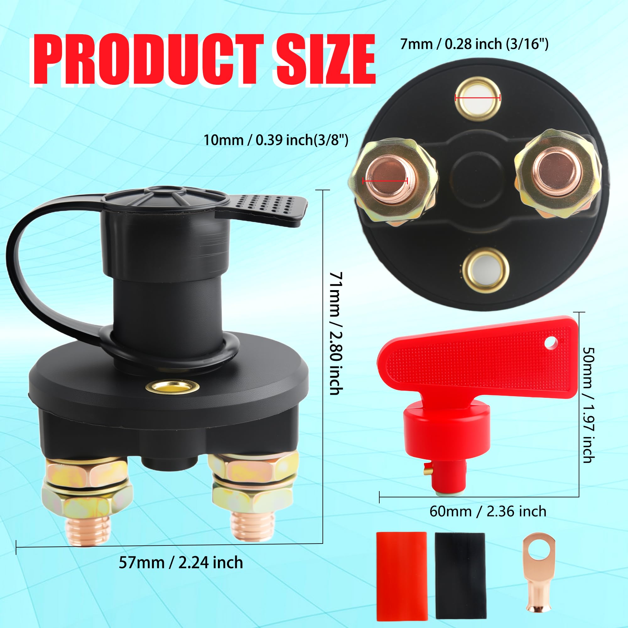 22 Pcs Battery Disconnect Switch Kit Include 2 Pcs Isolator Cut Off Power Battery Kill Switch 4 Pcs Waterproof Key 8 Pcs Copper Lugs 8 Pcs Heat Shrink Tubing for Marine Car Boat RV ATV Auto Truck
