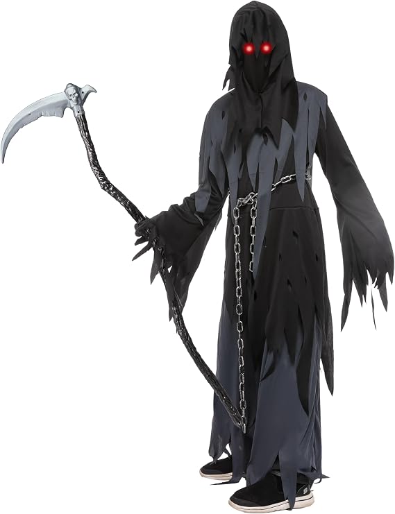 Spooktacular Creations Glowing Eyes Grim Reaper Costume for Kids, Scary Halloween Costume for Boys