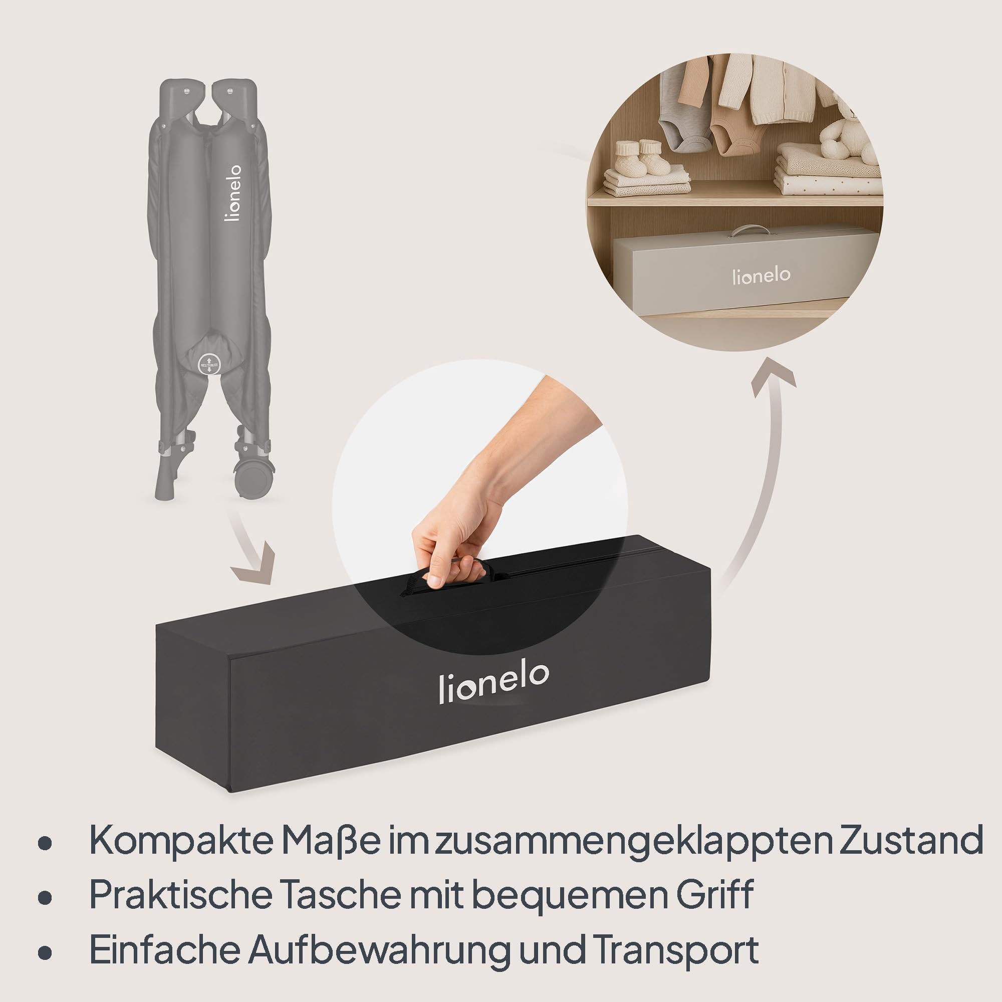 Lionelo Amelie Baby-Reisebett, ab Geburt bis 15 kg, klein, faltbar, weiche Faltmatratze, 100,5 x 70,5 cm, 2 Räder, seitlicher Einstieg, Reisetasche