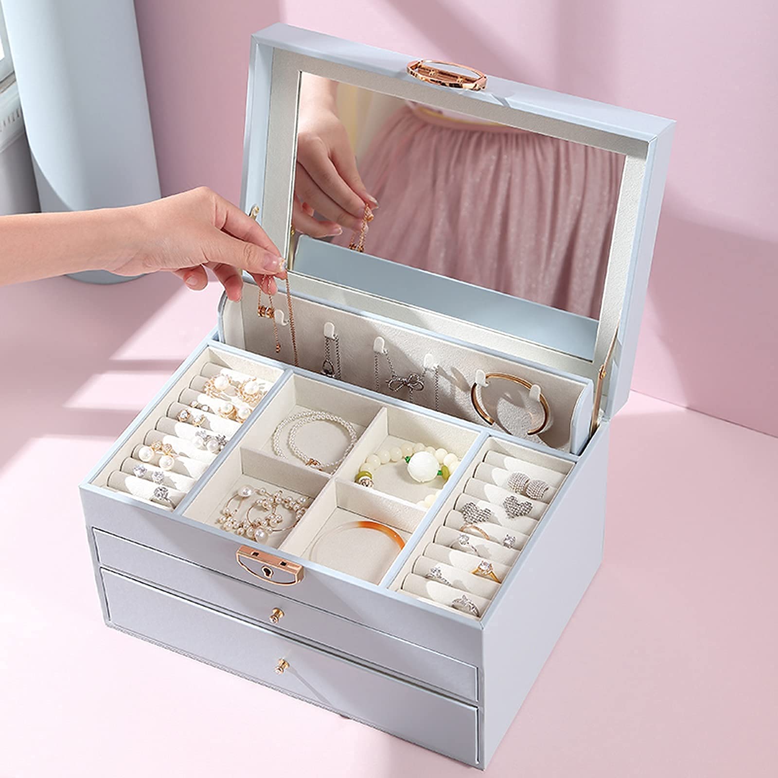 Caja de Almacenamiento Cajas de Viaje para Joyas Estuche de joyería de PU con 2 cajones Joyas con Espejo Collares Pendientes Anillos Contenedores para Manualidades para O
