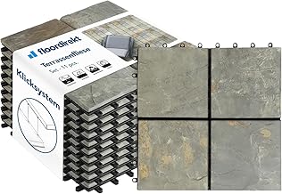 Floordirekt Natural Slate Stone Tiles, 30 x 30 cm, 1 m² = 11, Click Tiles, Balcony, Balcony Floor Tiles, Weatherproof with Drainage Function, Rusty Slate