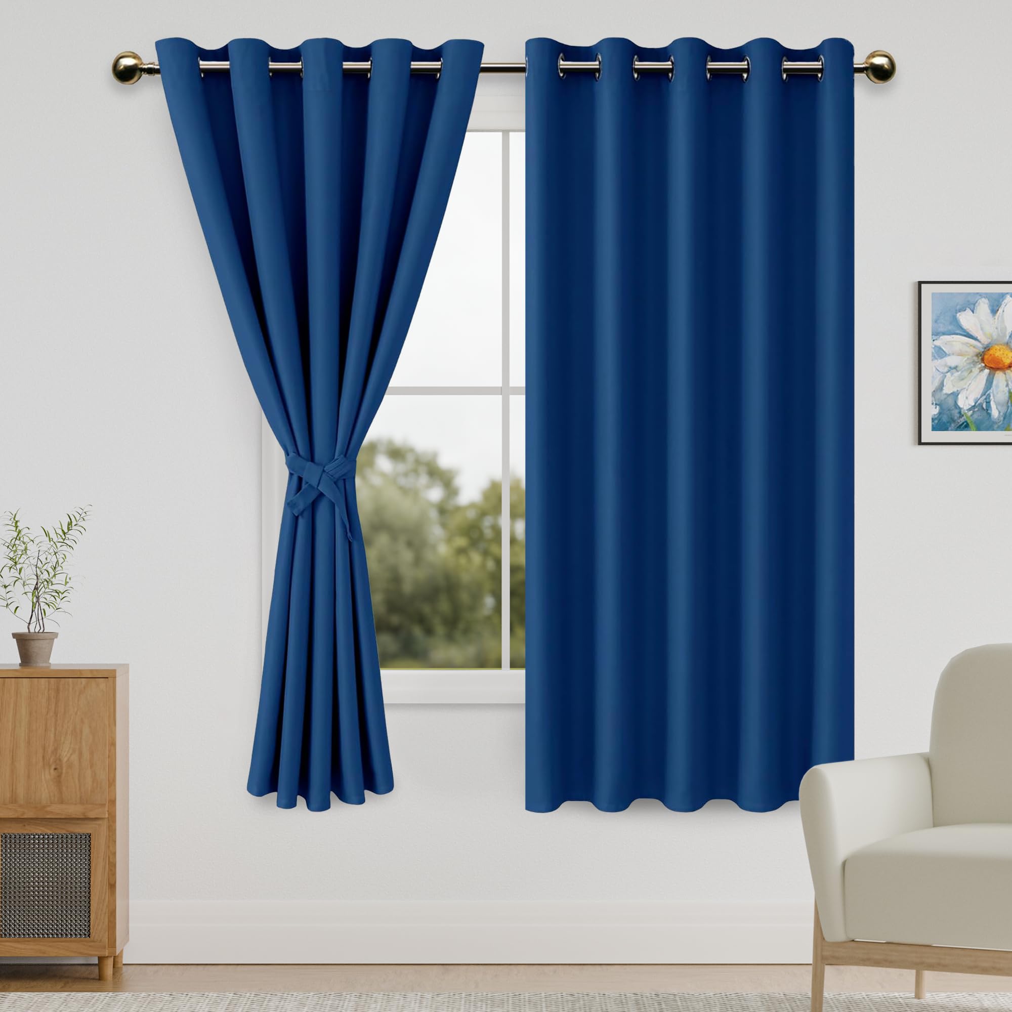 DWCN Blackout Curtains for Bedroom with Tiebacks - Room Darkening Privacy Grommet Top Window Curtains for Living Room, 60 x 63 inch Length,Royal Blue,Set of 2 Panels — image 1