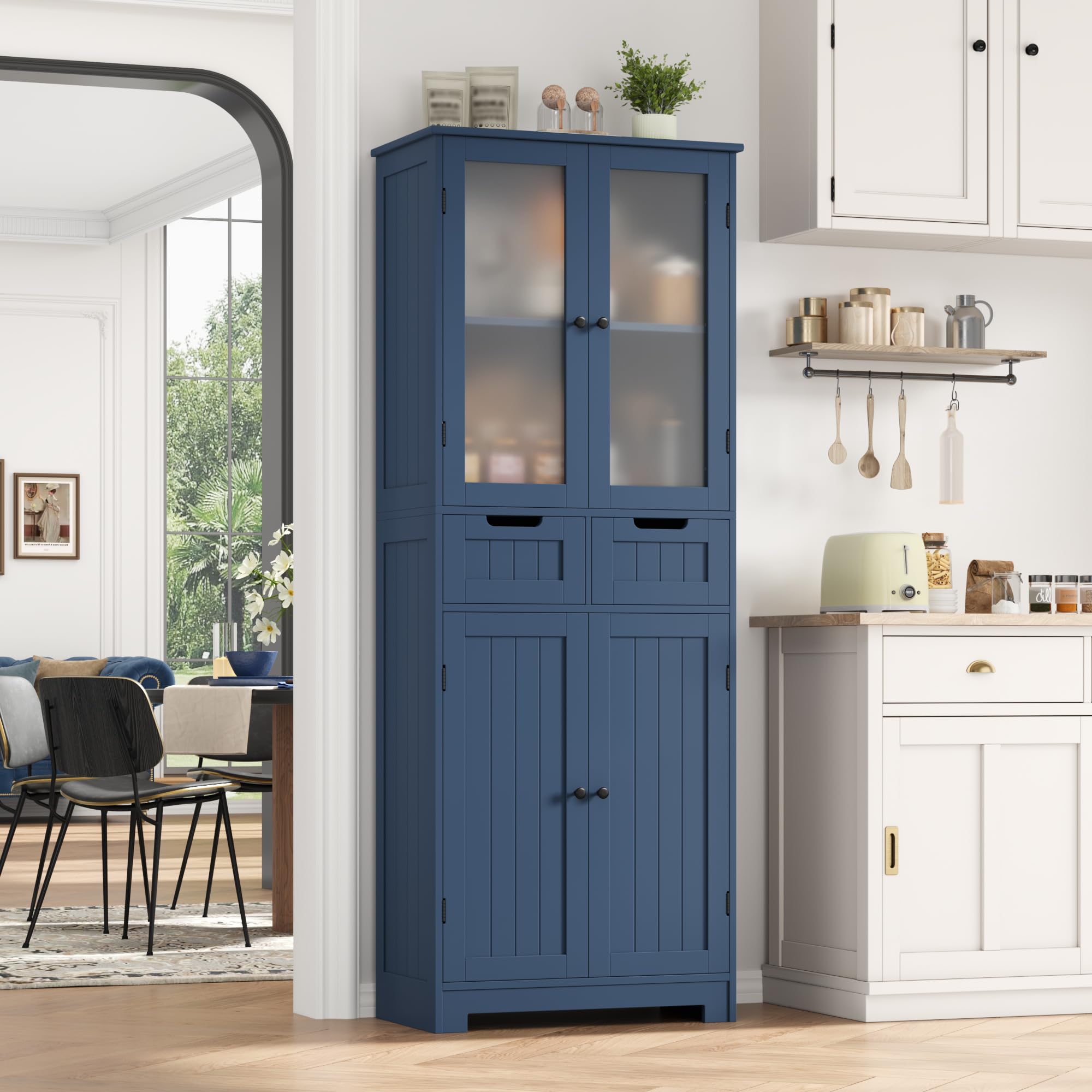 HOCSOK Sideboard, 170cm Küchenschrank Hoch, Buffetschrank mit 4 Türen und 2 Schubladen, Badezimmerschrank Hoch, Moderner Stil, Dunkelblau