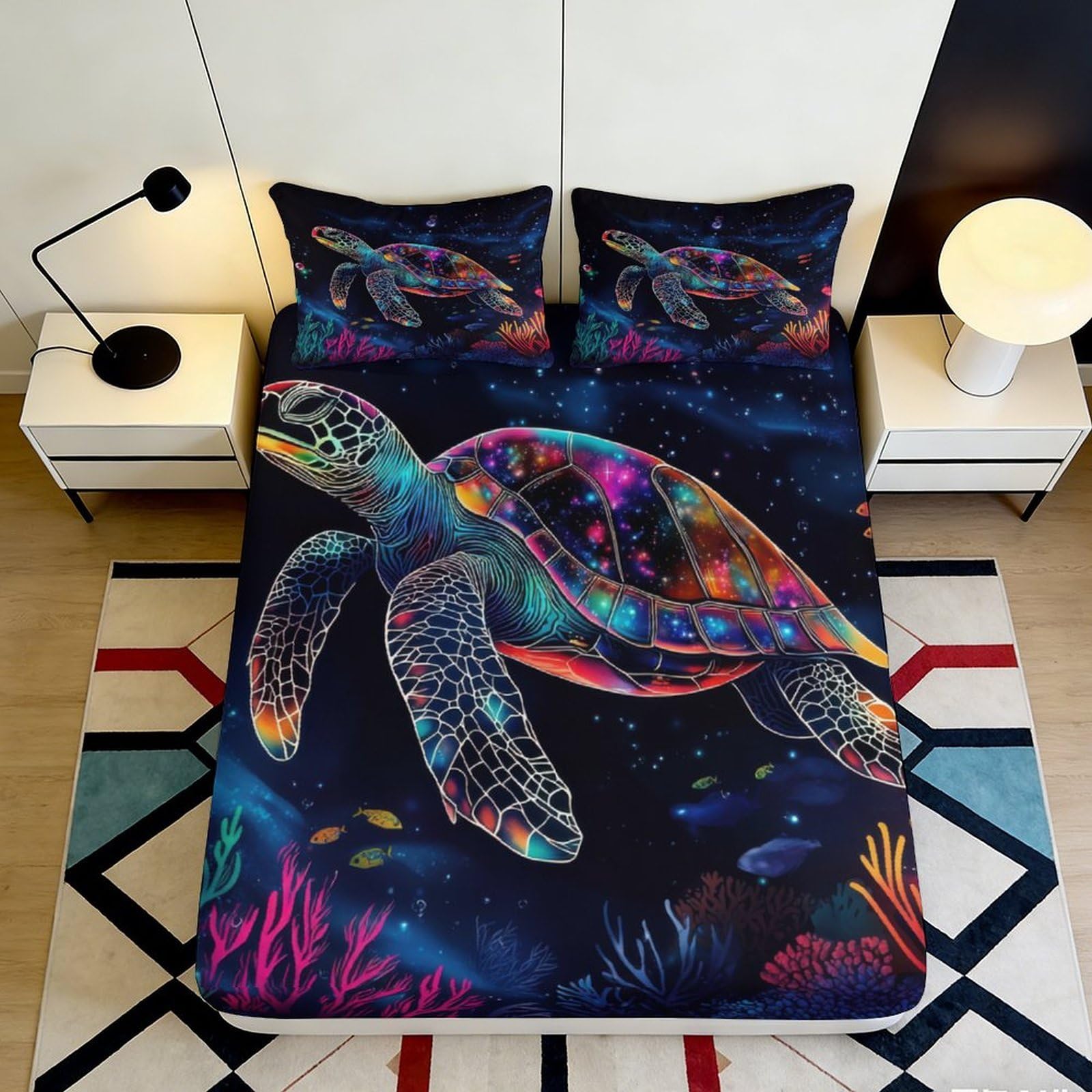 3D Printed Colorful Sea Turtle Fitted Sheet Microfiber Soft Breathable Ocean Coral Mattress Cover Bedroom Decor 180x200x25cm