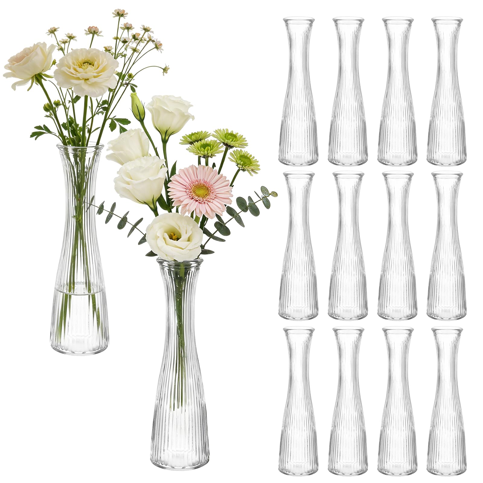 Photo 1 of 12 PCS Glass Bud Vases in Bulk, 8.5” Tall Clear Ribbed Flower Vases for Centerpieces, Textured Minimalist Small Vases for Flower, Home Office Wedding Table Decorations
