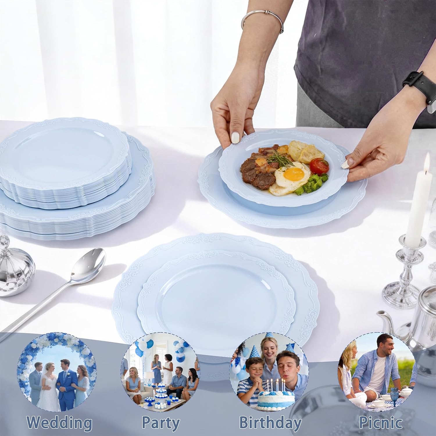 Tinybee 60PCS Light Blue Plates - Heavy Duty Baby Blue Plates, Elegant Plastic Plates for Baby Shower, Birthday and Party Including 30 Dinner Plates 10 '' & 30 Dessert Plates 7.5 ''