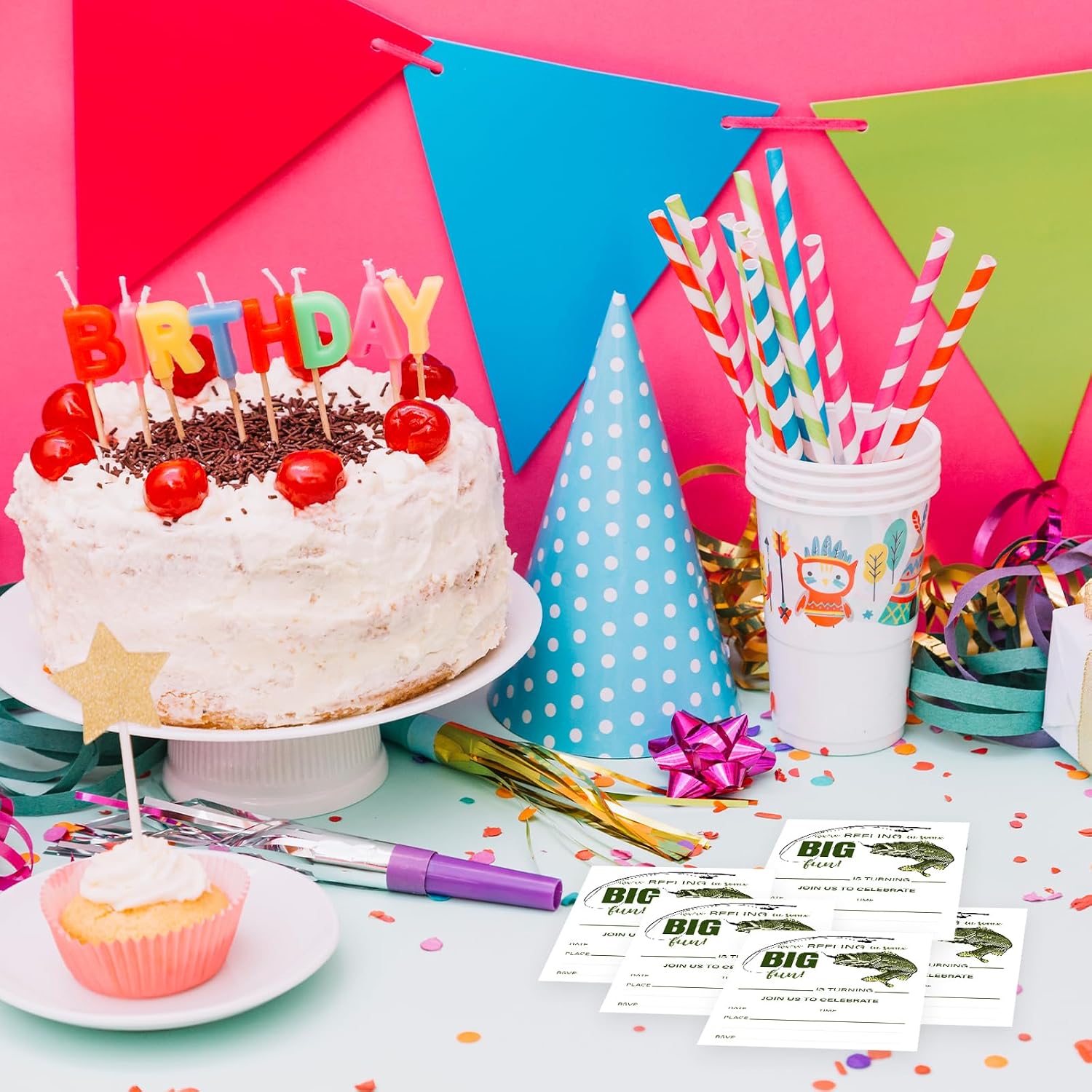 Fishing Theme Birthday Invitations, We're Reeling Birthday Invitation Cards, 20 Fish Invites with Envelopes for Party Supplies Decorations-C03
