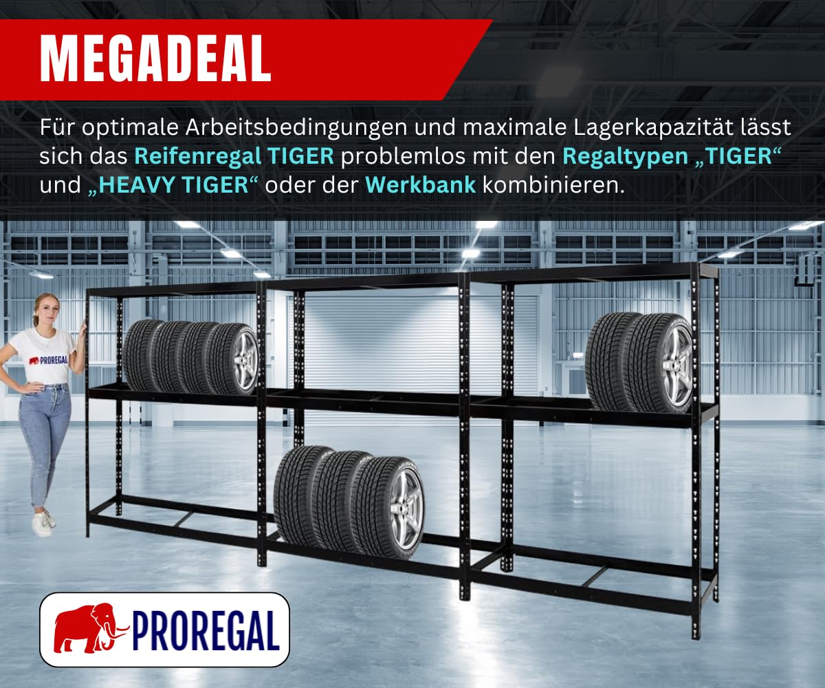PROREGAL Scaffale per pneumatici Tiger, nero, 180 x 130 x 50 cm, fino a 12 pneumatici, con ripiano, per garage