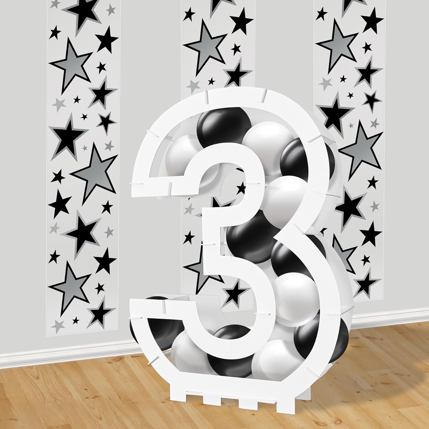 Beistle Balloon Mosaic Number 3 Frame, Centerpiece Decoration Stand for Third Birthday Parties, Anniversaries, Graduations, NYE, Milestone Celebrations, and Special Events