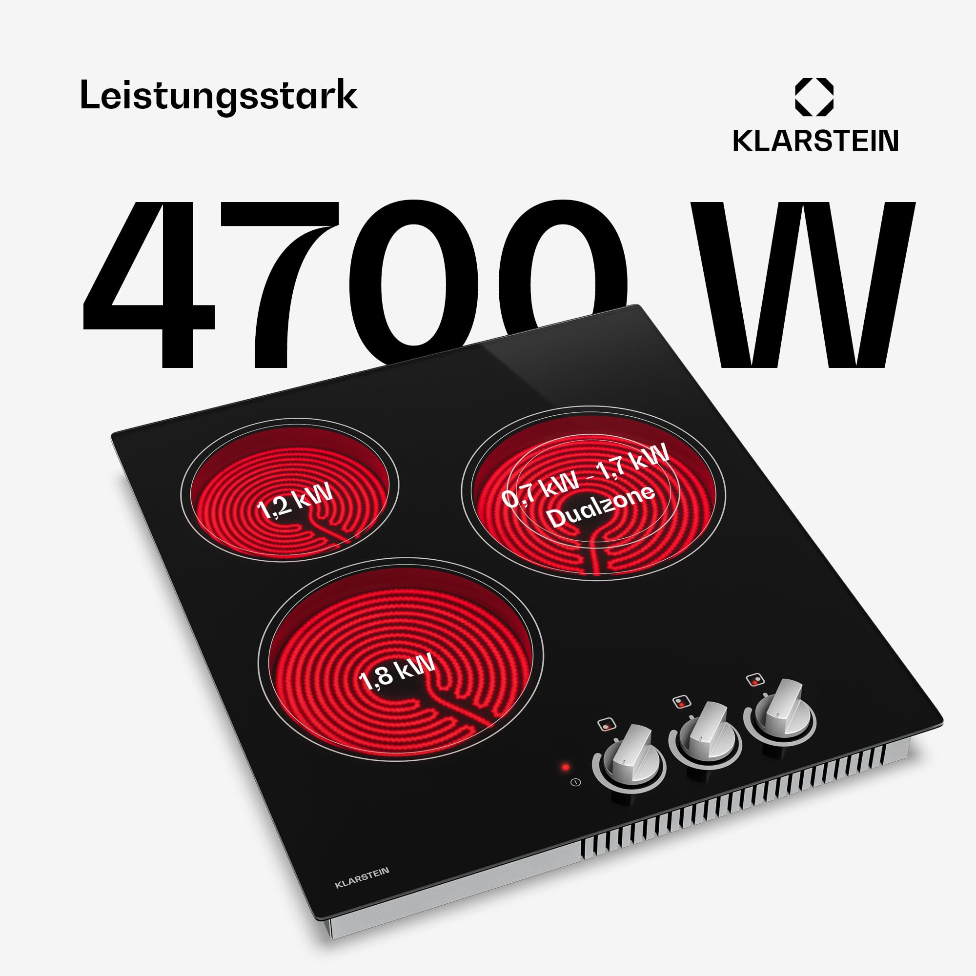 Klarstein Glaskeramik-Kochfeld – 45 cm Glasoberfläche, 3-Zonen-Elektrokochfeld mit Dual-Zone, Drehregler, 4700 W, Restwärmeanzeige & Kindersicherung, leicht zu reinigende Kochfläche