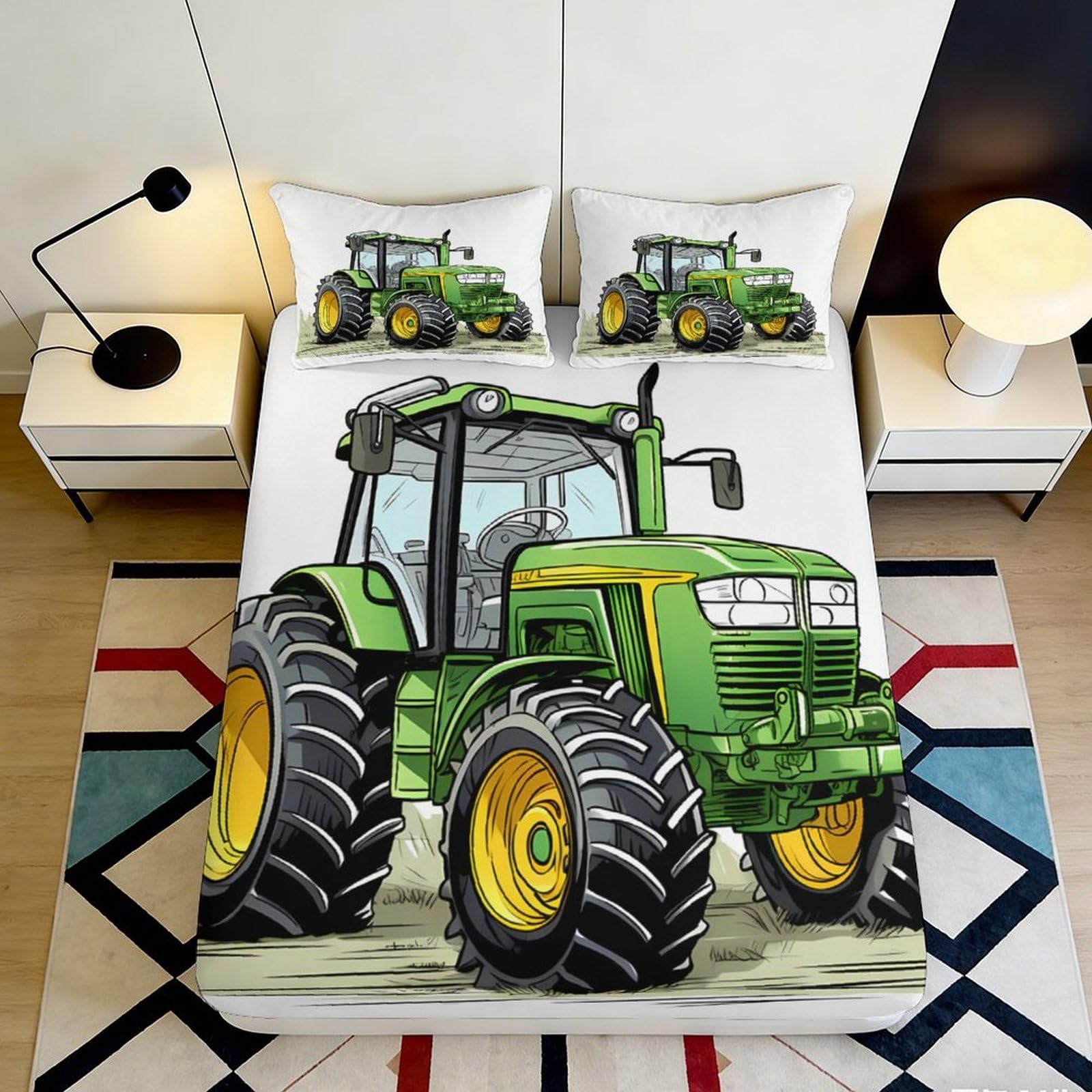3D Printed Green Tractor Fitted Sheet Microfiber Durable Breathable Farm Vehicle Bed Cover for Bedroom Dormitory Guest Room Mattress Protection 140x200x25cm