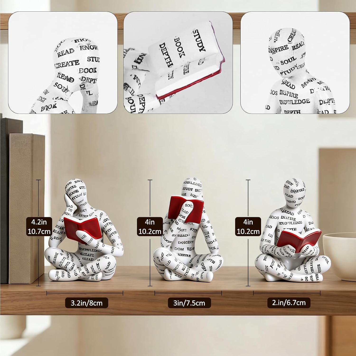 QIANLING Bookshelf Decor Thinker Statue Set of 3, Abstract Reading Figurines for Bookcase, Reading Nook Decor, Office Bookshelf Decor, Living Room, Coffee Table, Shelf, Desk Decor image 2