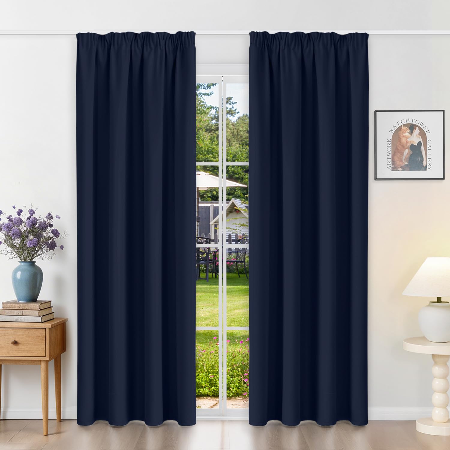 Runyéla Pencil Pleat Blackout Curtains for Bedroom Thermal Curtain 52 x 84 Inch Drop Living Room Kitchen 2 Panels Navy Blue