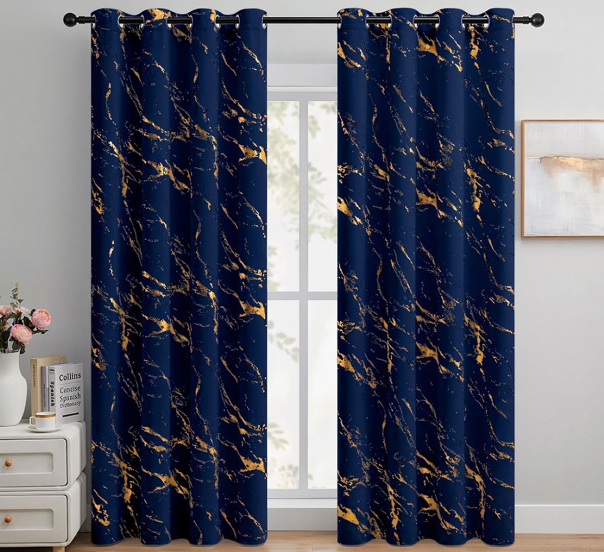 John Aird Navy Blackout Curtains Eyelet Gold Foil Marble Effect On Thermal Curtain (, 66" Width X 54" Drop)