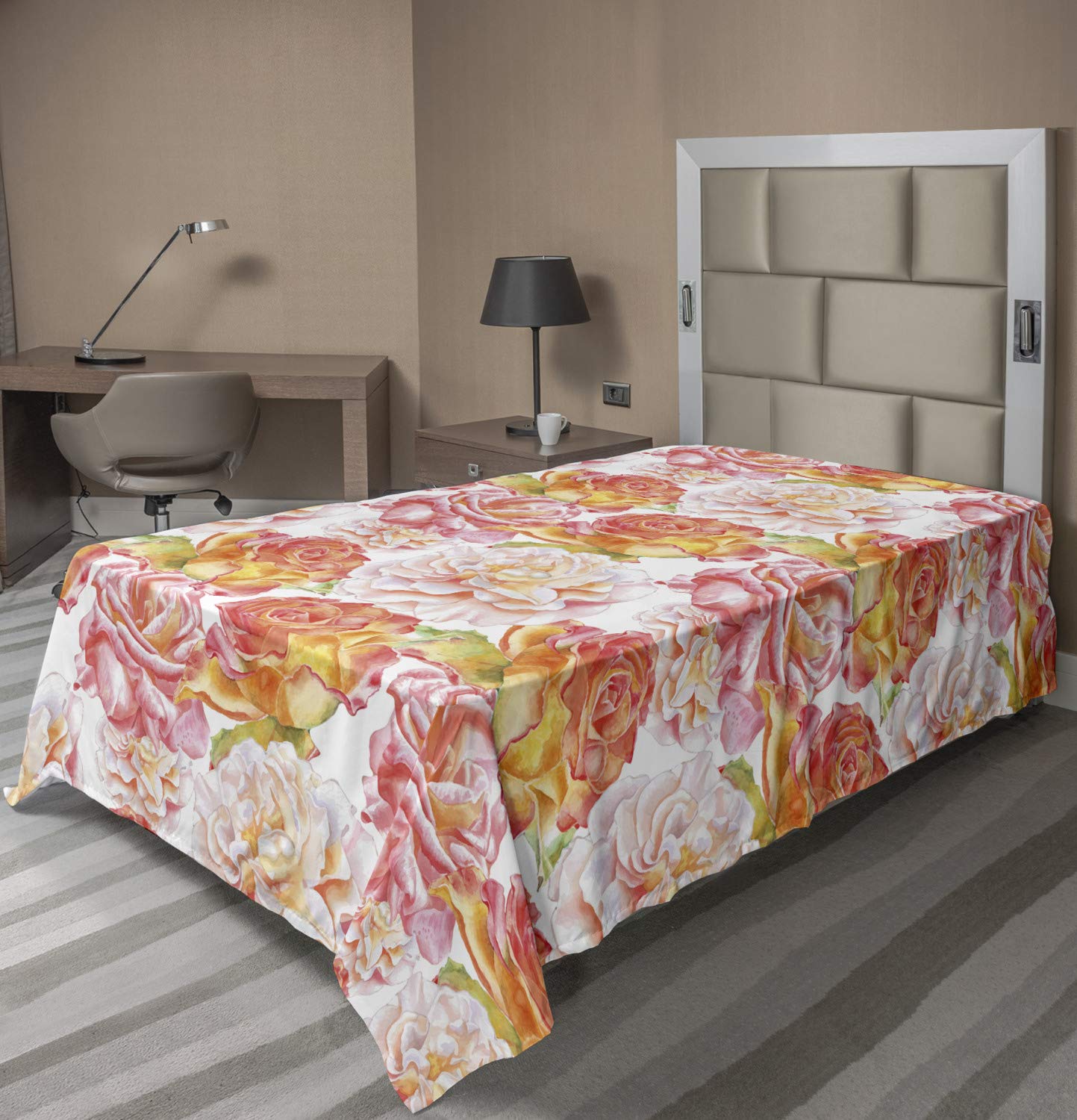 Ambesonne Floral Flat Sheet, Artwork of Watercolor Style Blossoming Roses, Soft Comfortable Top Sheet Decorative Bedding 1 Piece, TwinXL Size, Coral Orange White