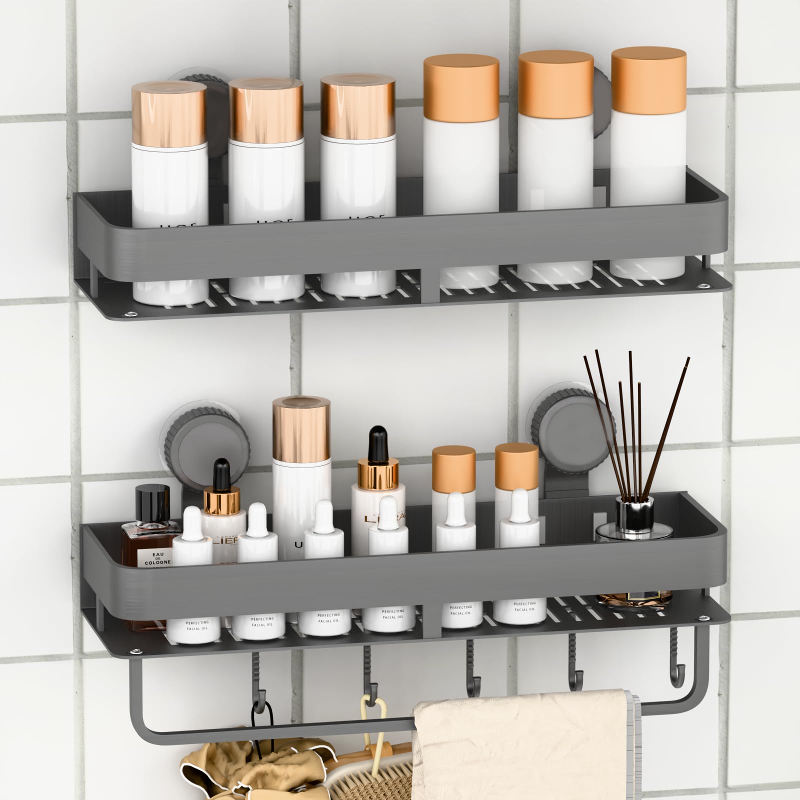 YANUAHI Shower Caddy Suction Cup Organizer No Drilling Organizer Suction with 5 Hooks for Bathroom Storage Shower Shelf