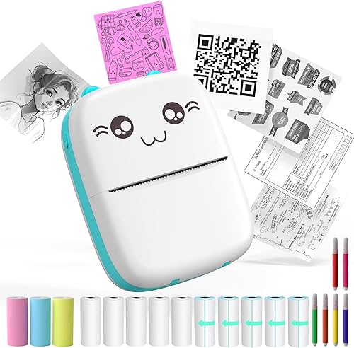 Mini impresora de calcomanías sin tinta, 13 rollos de papel, impresora térmica inalámbrica Bluetooth de bolsillo para teléfono, iOS y Android,