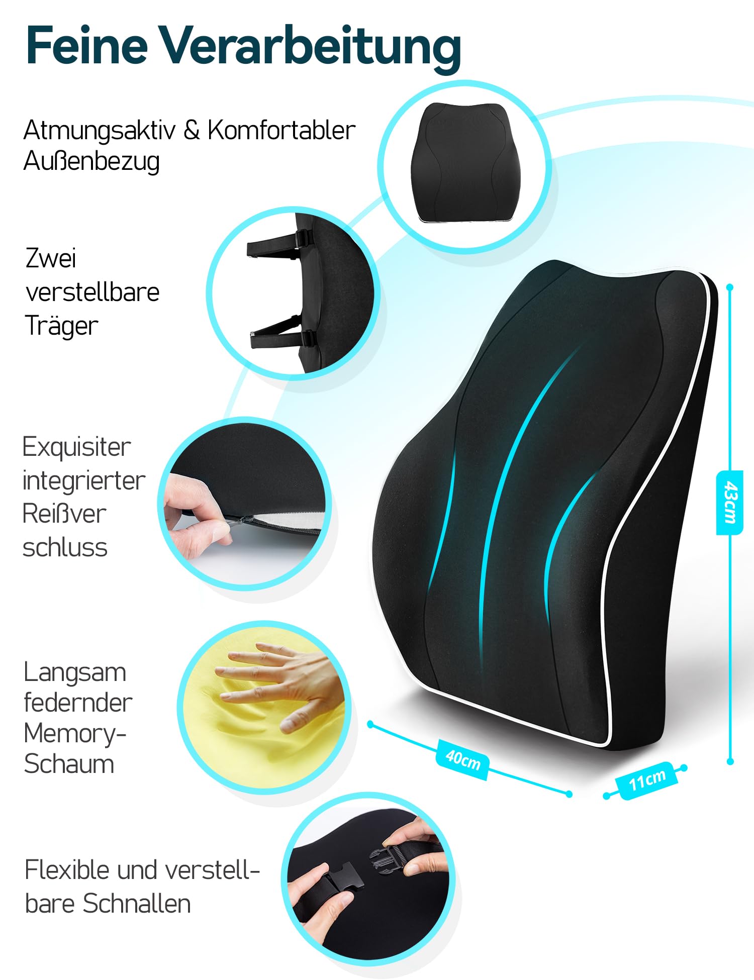 Travel Ease Ergonomisches RückenKissen aus Memory Foam, Lendenkissen für Bürostuhl, Schreibtischstuhl, mit Antistatischem, hautfreundlichem Bezug und für eine Bequeme Sitzhaltung (Schwarz)