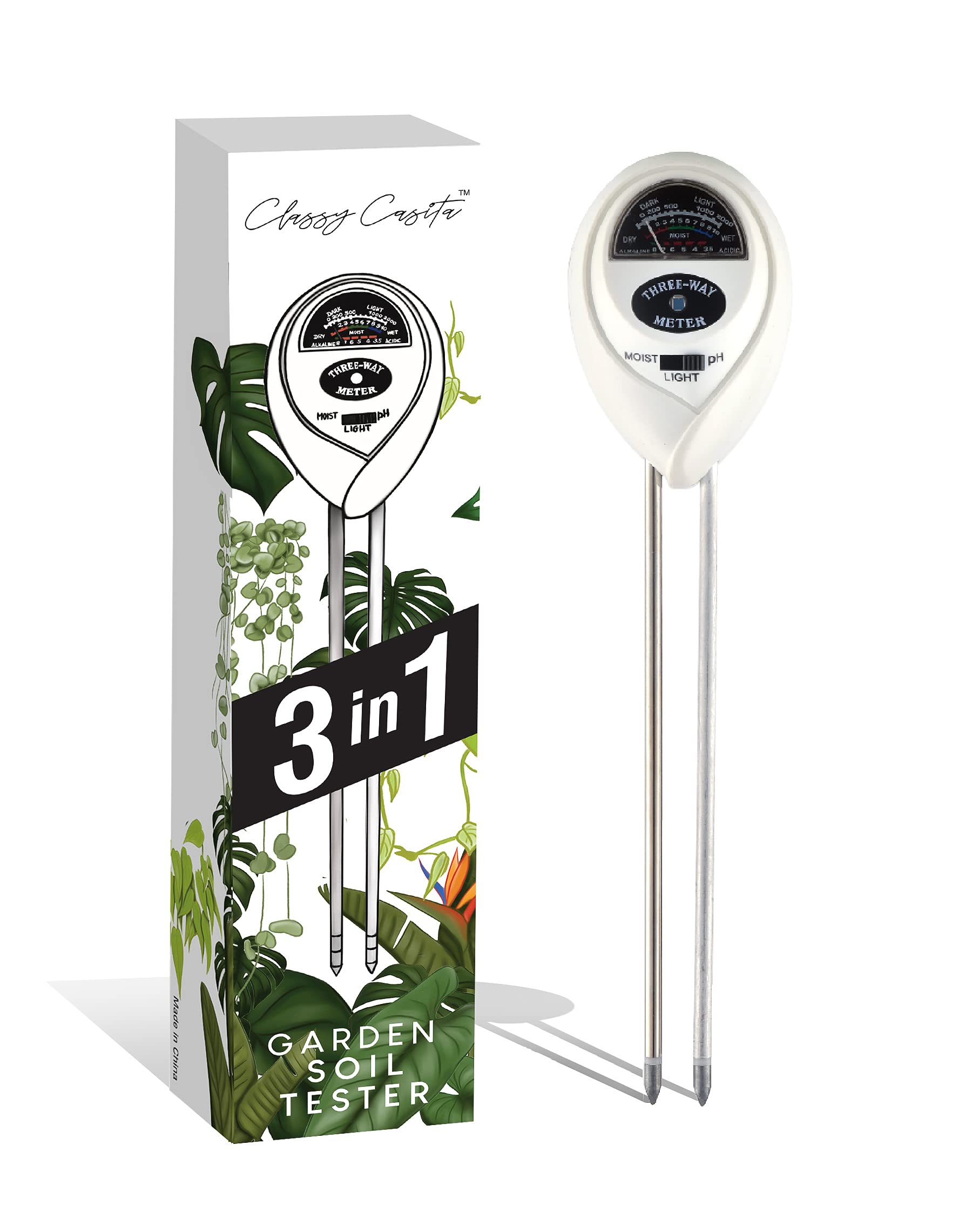 Classy Casita 3-in-1 Soil Moisture, Light, pH Meter - Hygrometer Tester for Indoor and Outdoor Plants - Monitor Levels for Garden, Farm, Lawn, houseplants, Potted Care - No Batteries Required - White