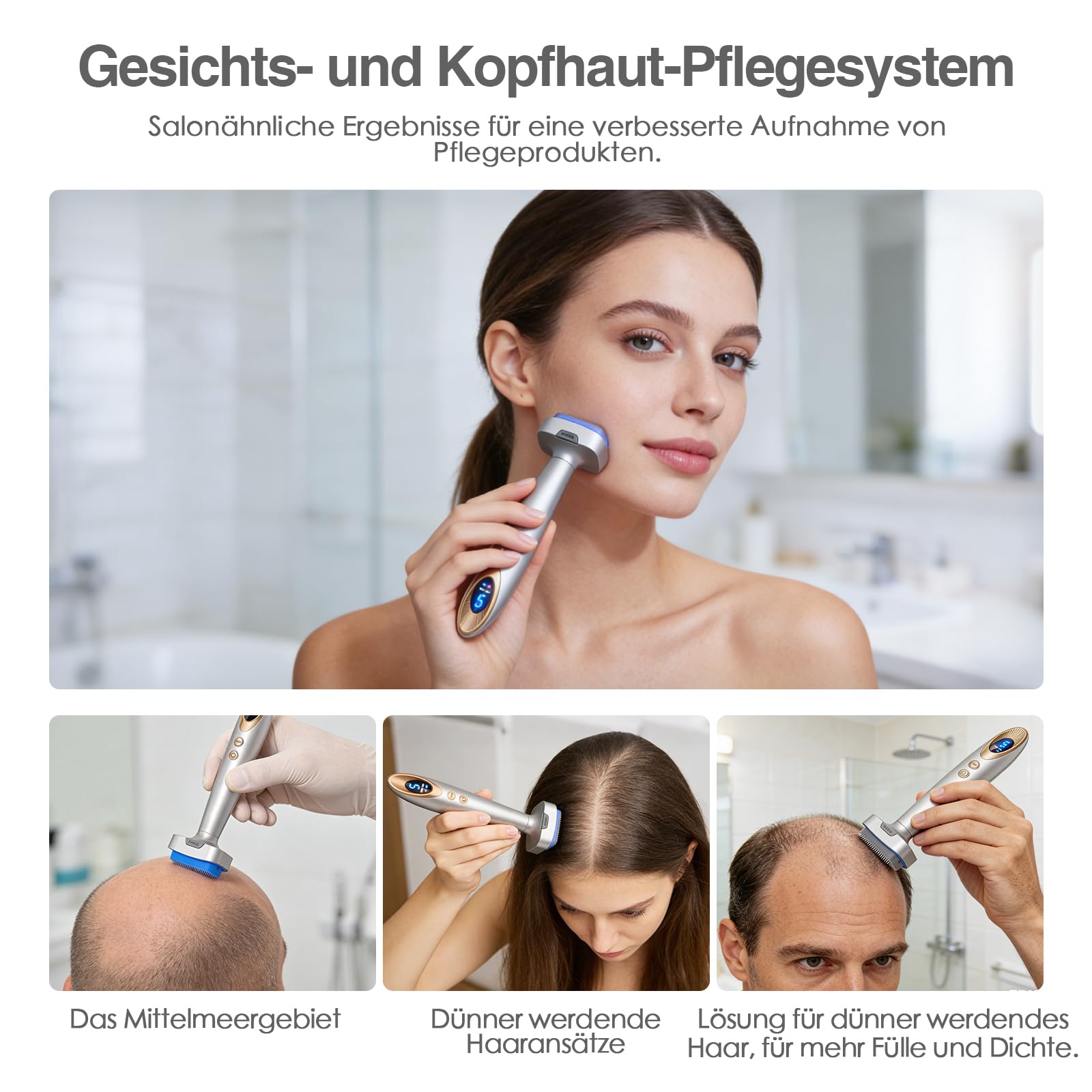 bio 6 Derma Stamp Elektrisch Upgrade 2026 | 4-in-1 Dermastamp Microneedling für Gesicht & Kopfhaut, 140 Pins, Rot & Blau LED Lichtpflege, sanfte Massage | inkl. 2 Aufsätze: 0,5 mm(Graugold)