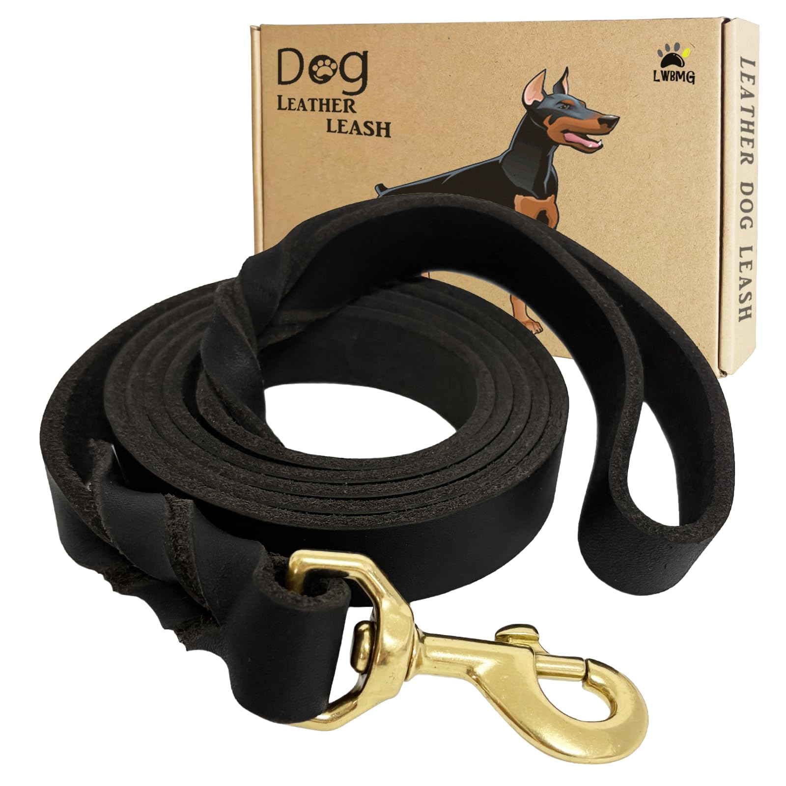 Leather Dog Leash 6ft x 1 inch, Heavy Duty Dog Training Leashes, Soft, Strong and Comfortable Braided Leather Leash for Large, Medium Dogs Black